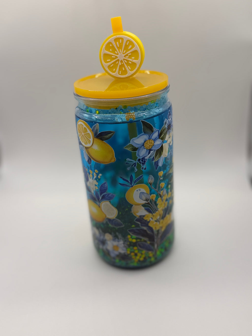 16 oz Blue and Yellow flowers snow globe cup with Lemon straw topper