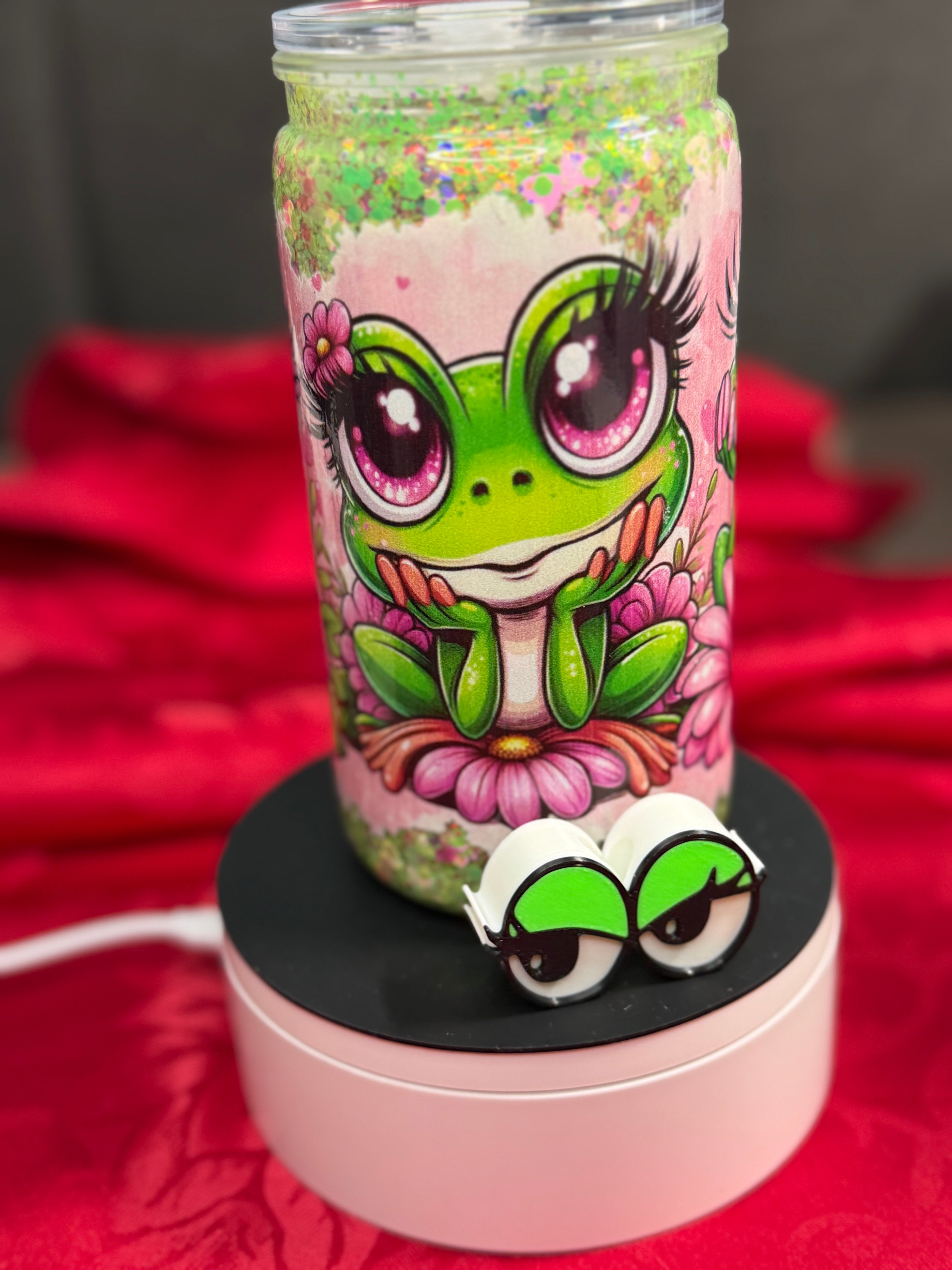 16 oz girl frog snow globe cup with straw topper