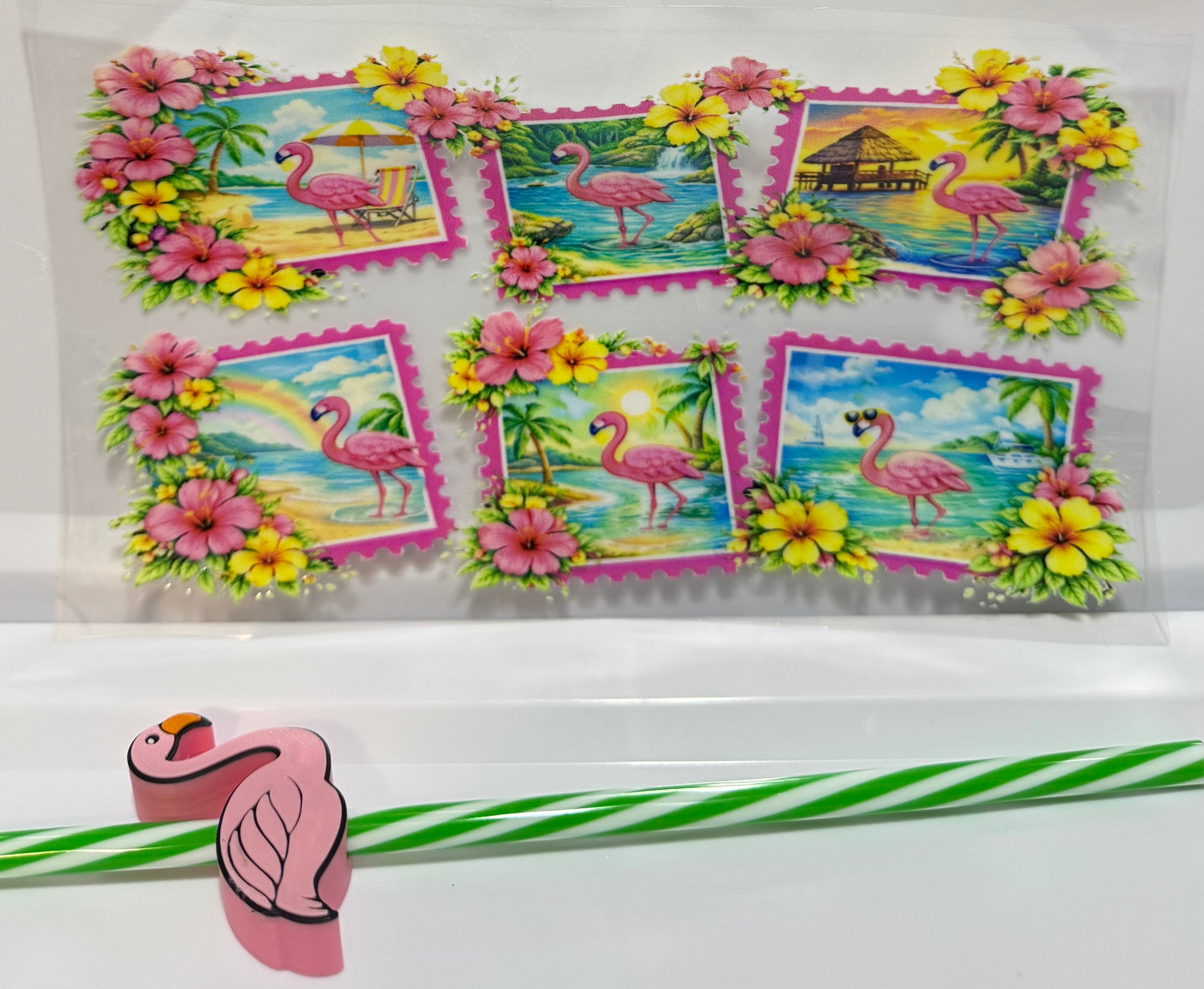 Flamingo with Flowers Wrap, Straw and Topper set