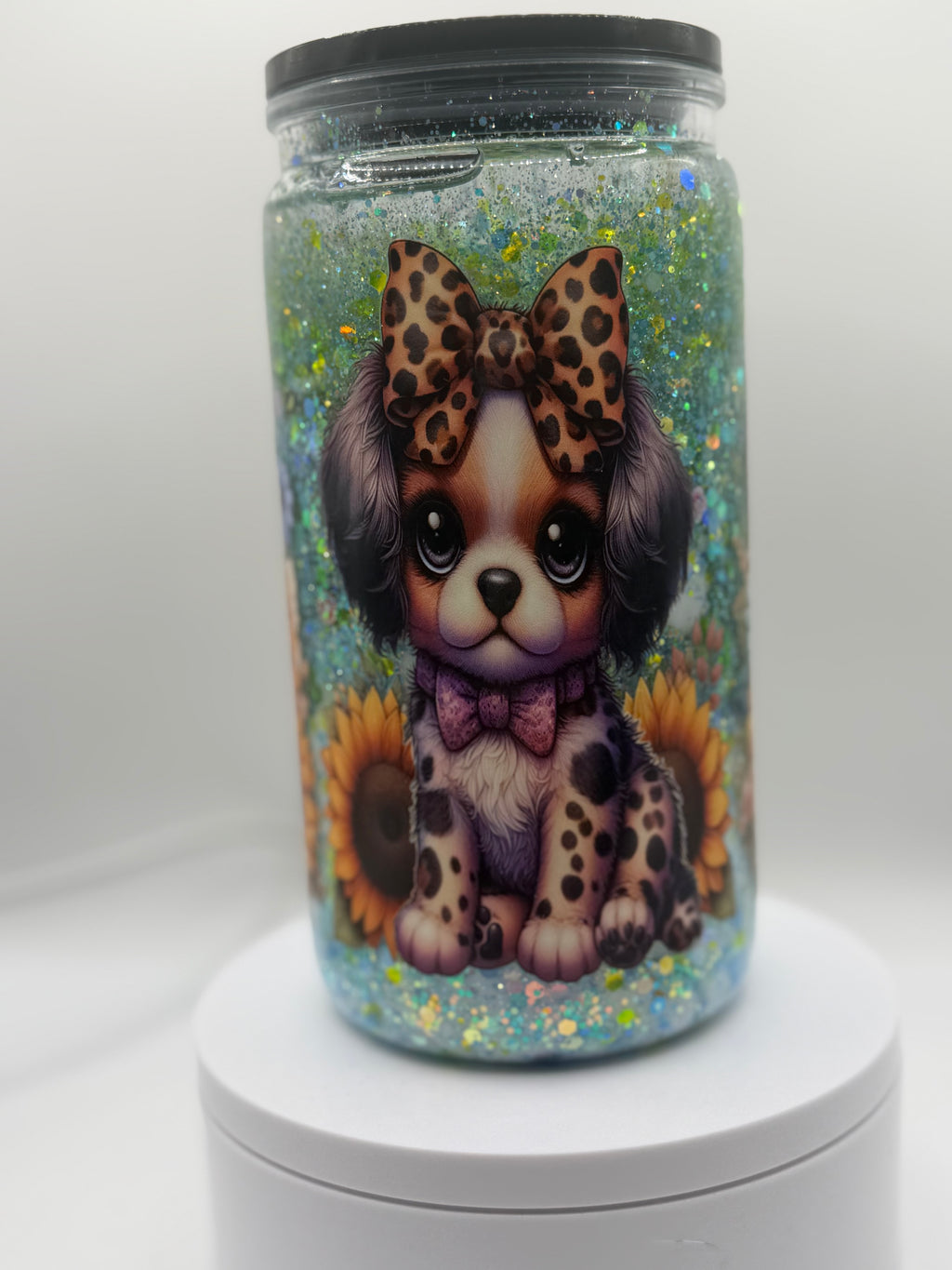16 oz Dogs with Leopard bows snow globe cup