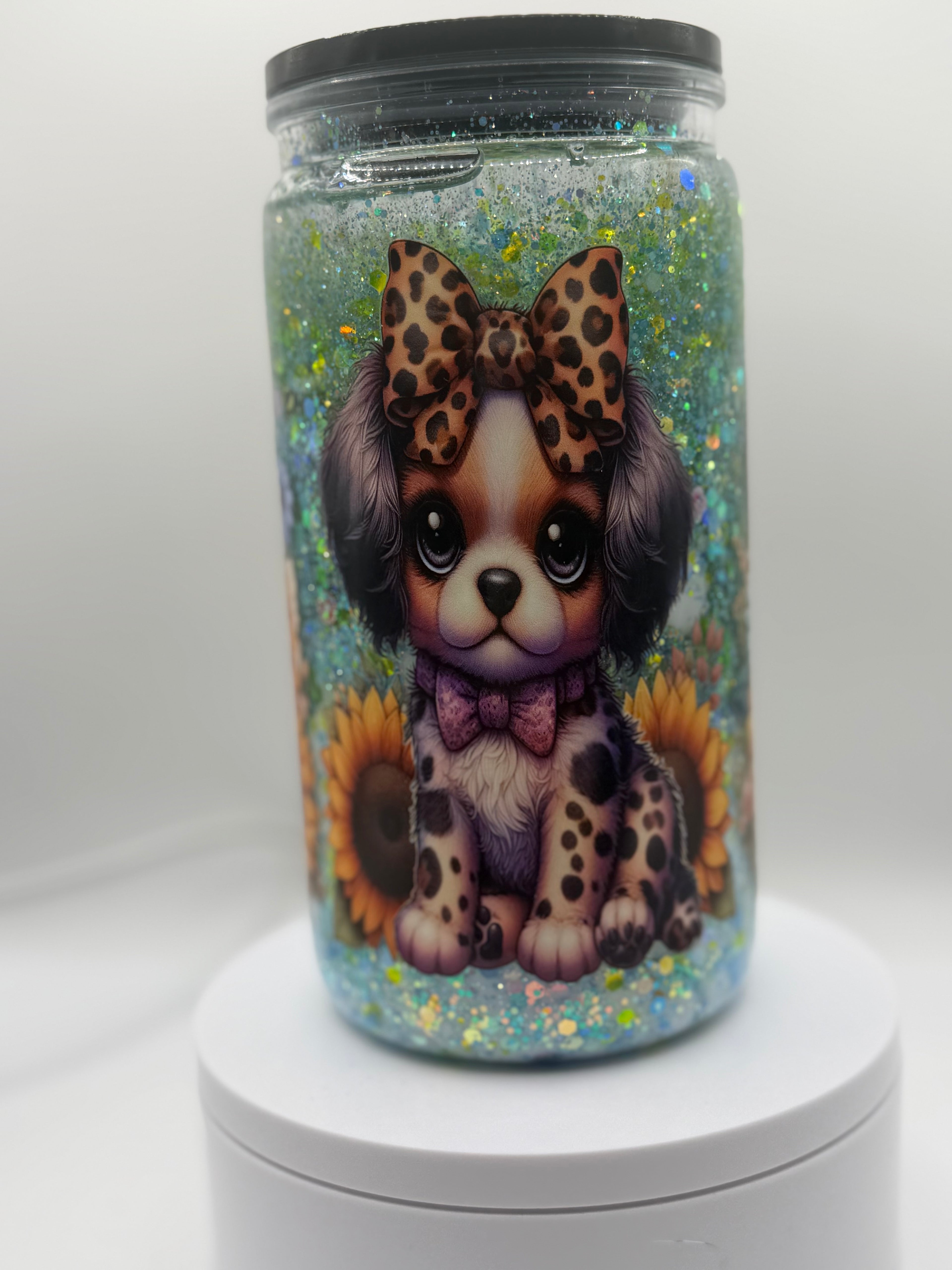 16 oz Dogs with Leopard bows snow globe cup