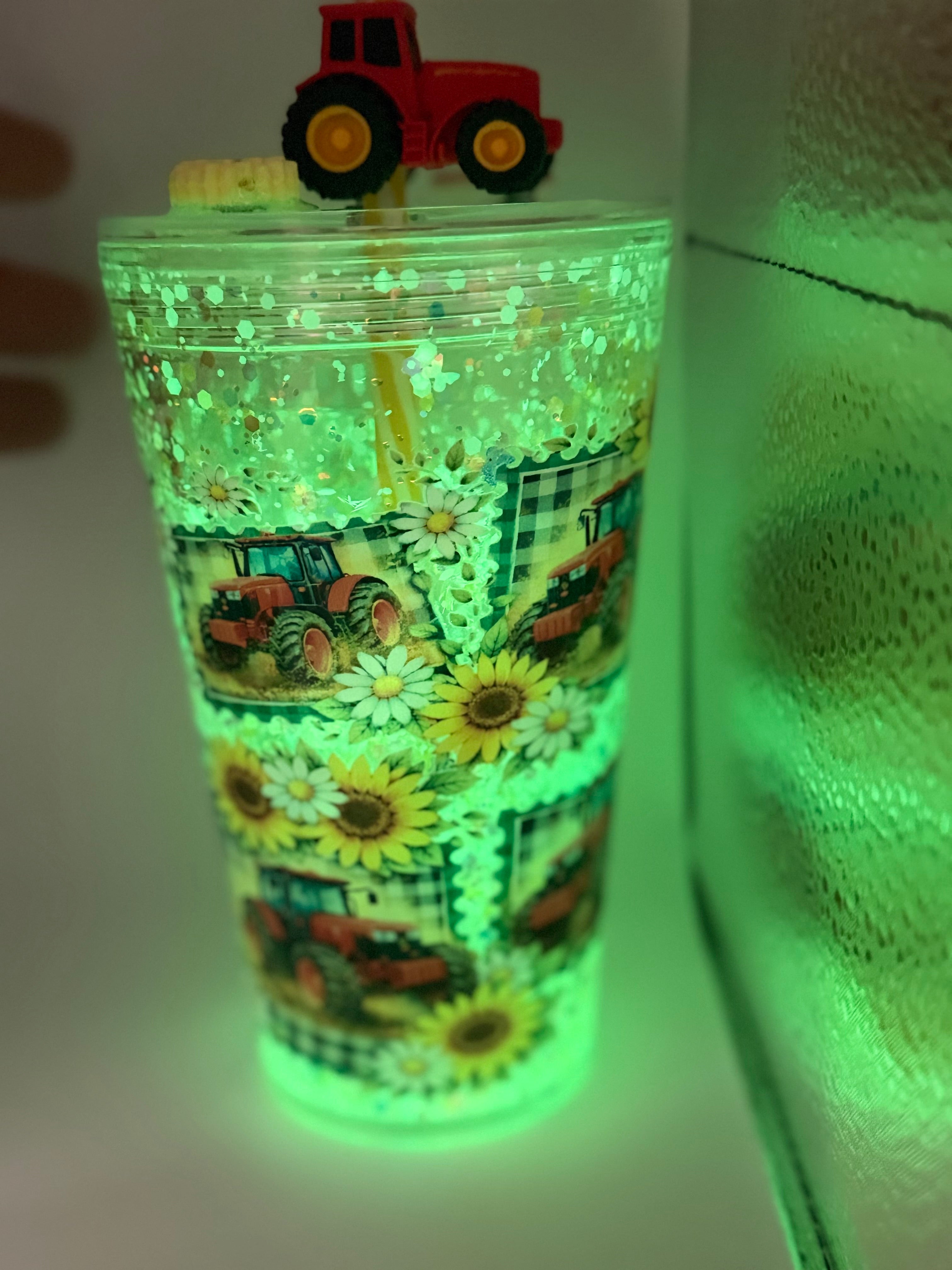 16 oz Tractor with Sunflowers snow globe cup with decorated lid and striped straw