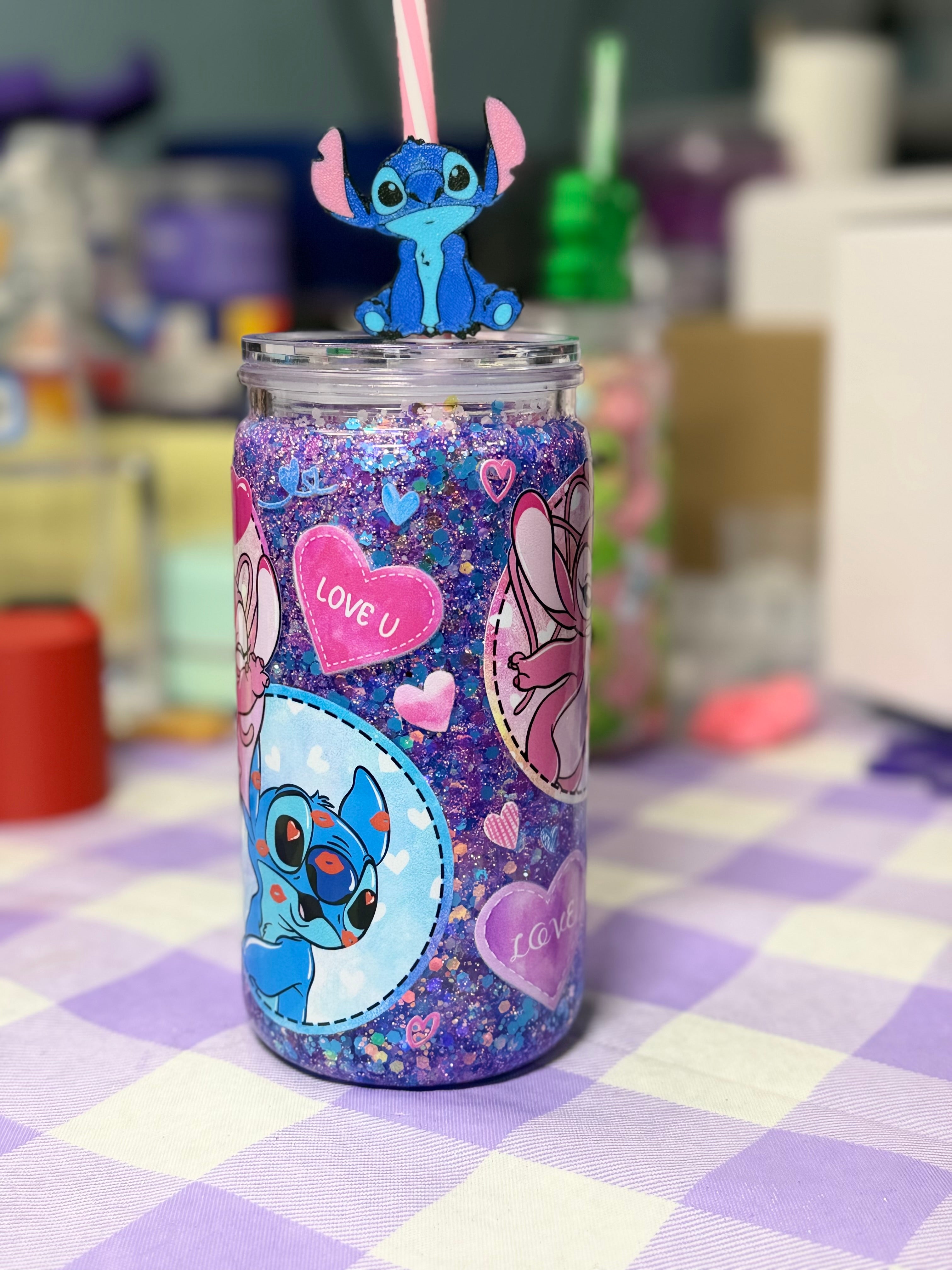 16 oz Sti-tch glitter snow globe cup with straw topper