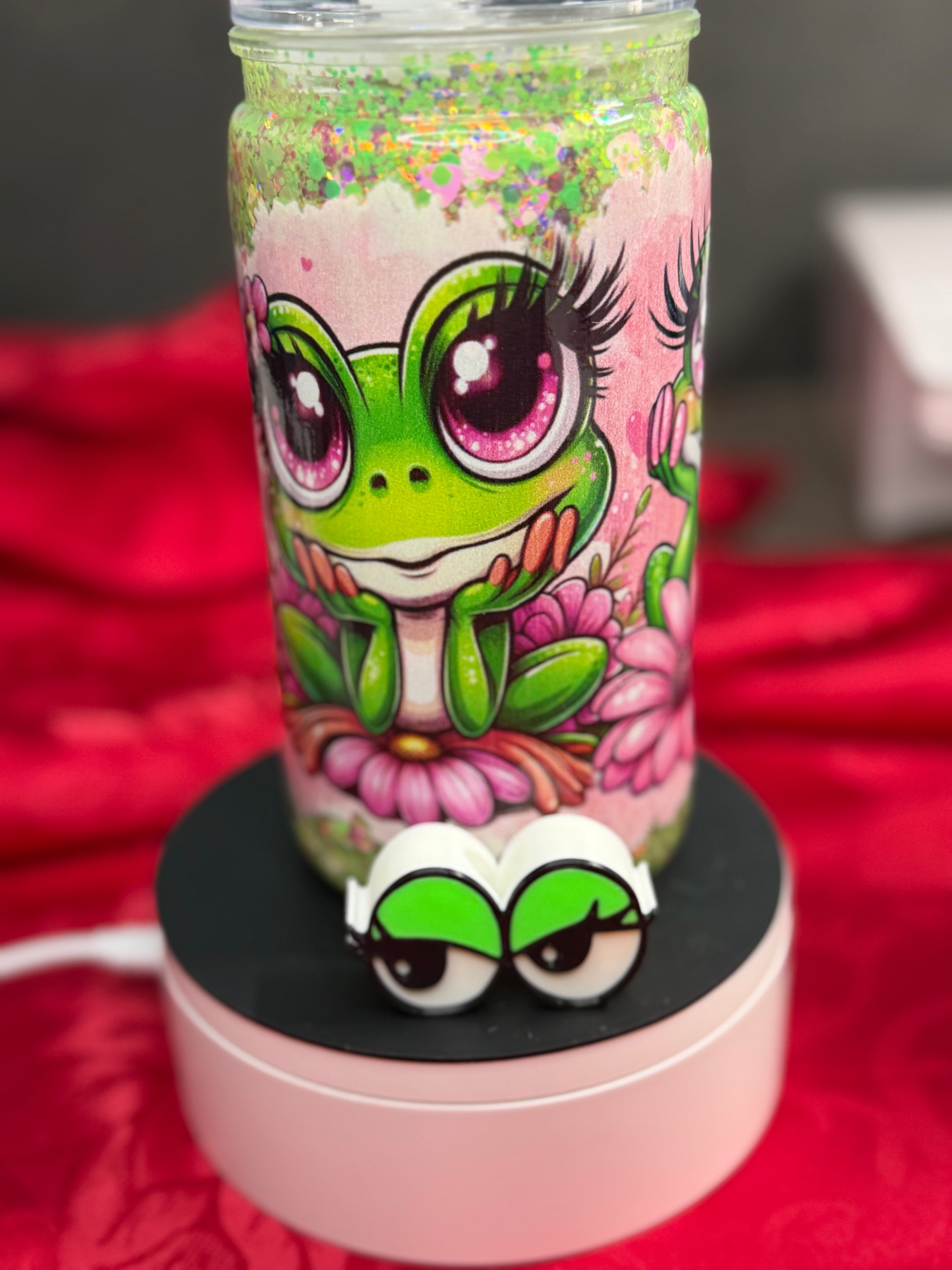 16 oz girl frog snow globe cup with straw topper