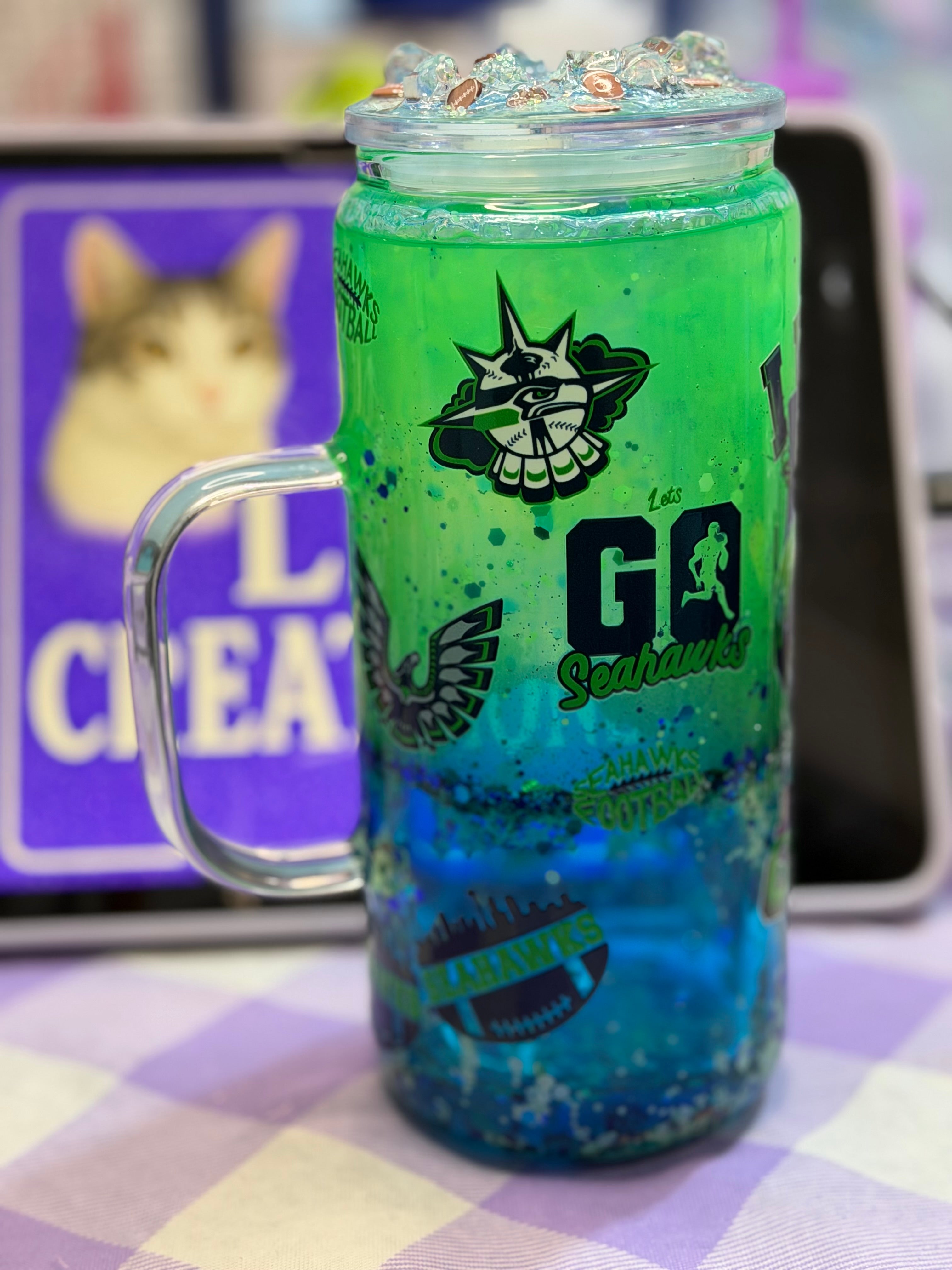 20 oz Seattle Seahawks Glass snow globe tumbler with Handle