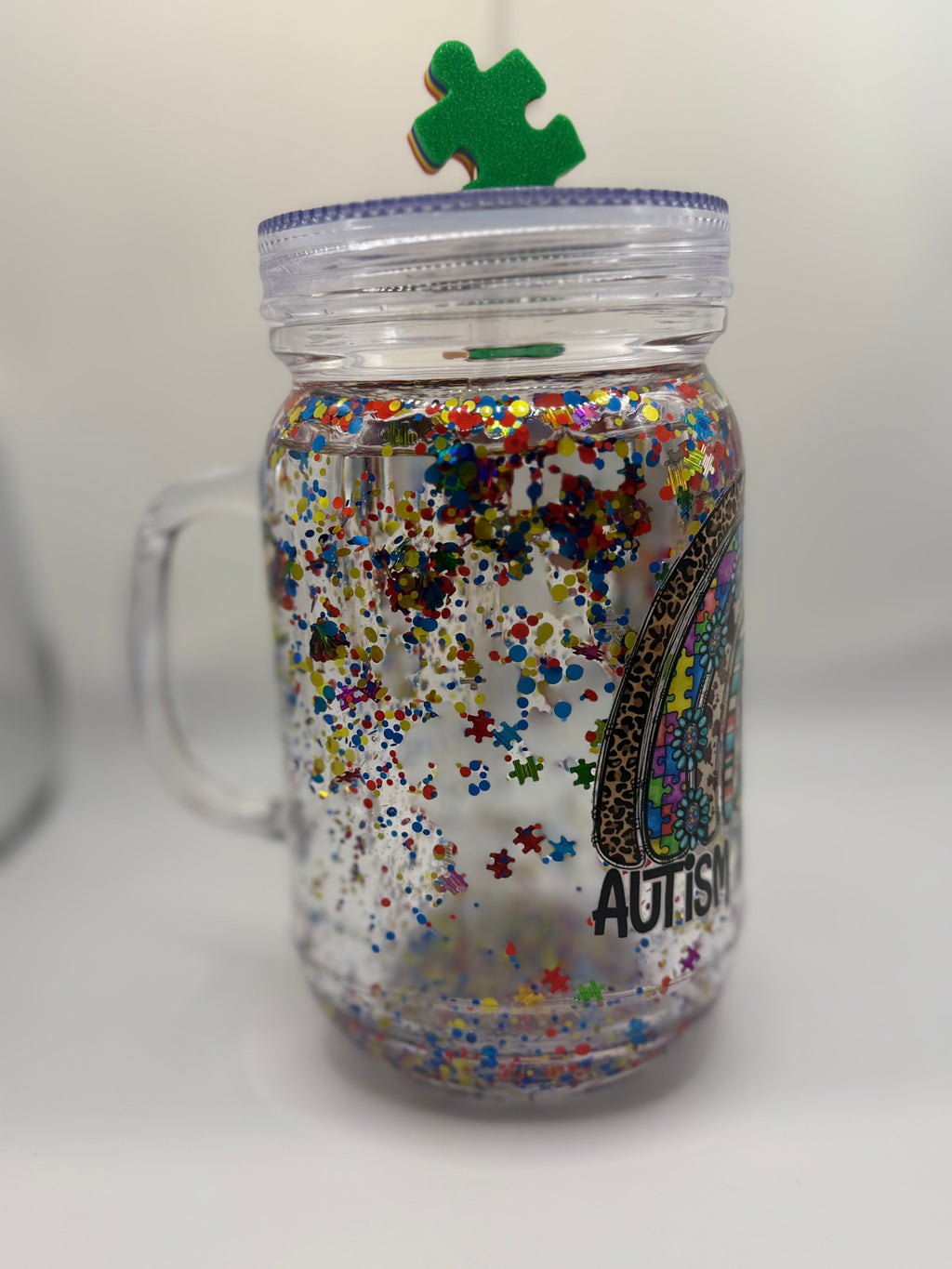 20 oz Autism Awareness Mason jar snow globe with puzzle piece straw topper