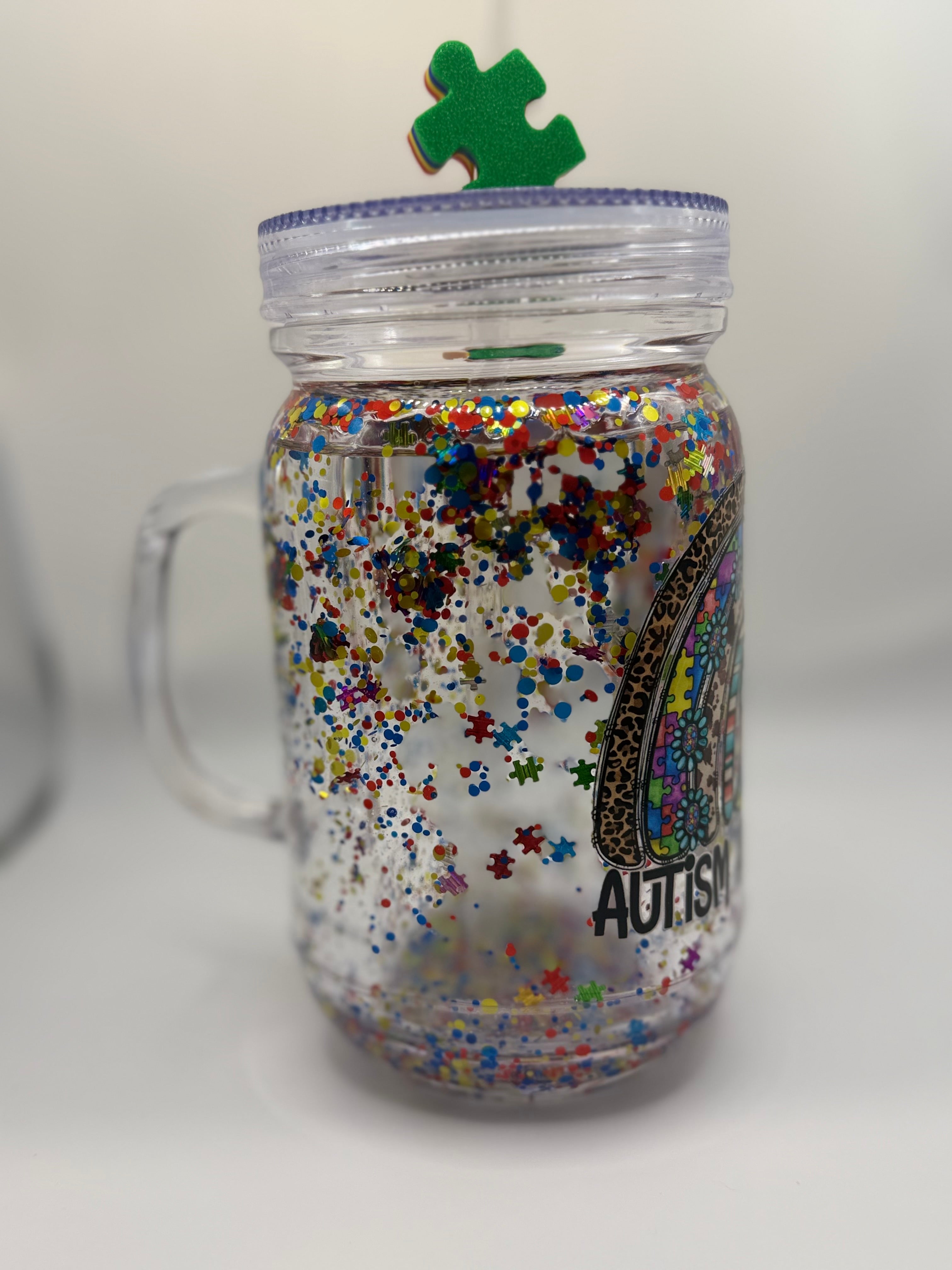 20 oz Autism Awareness Mason jar snow globe with puzzle piece straw topper