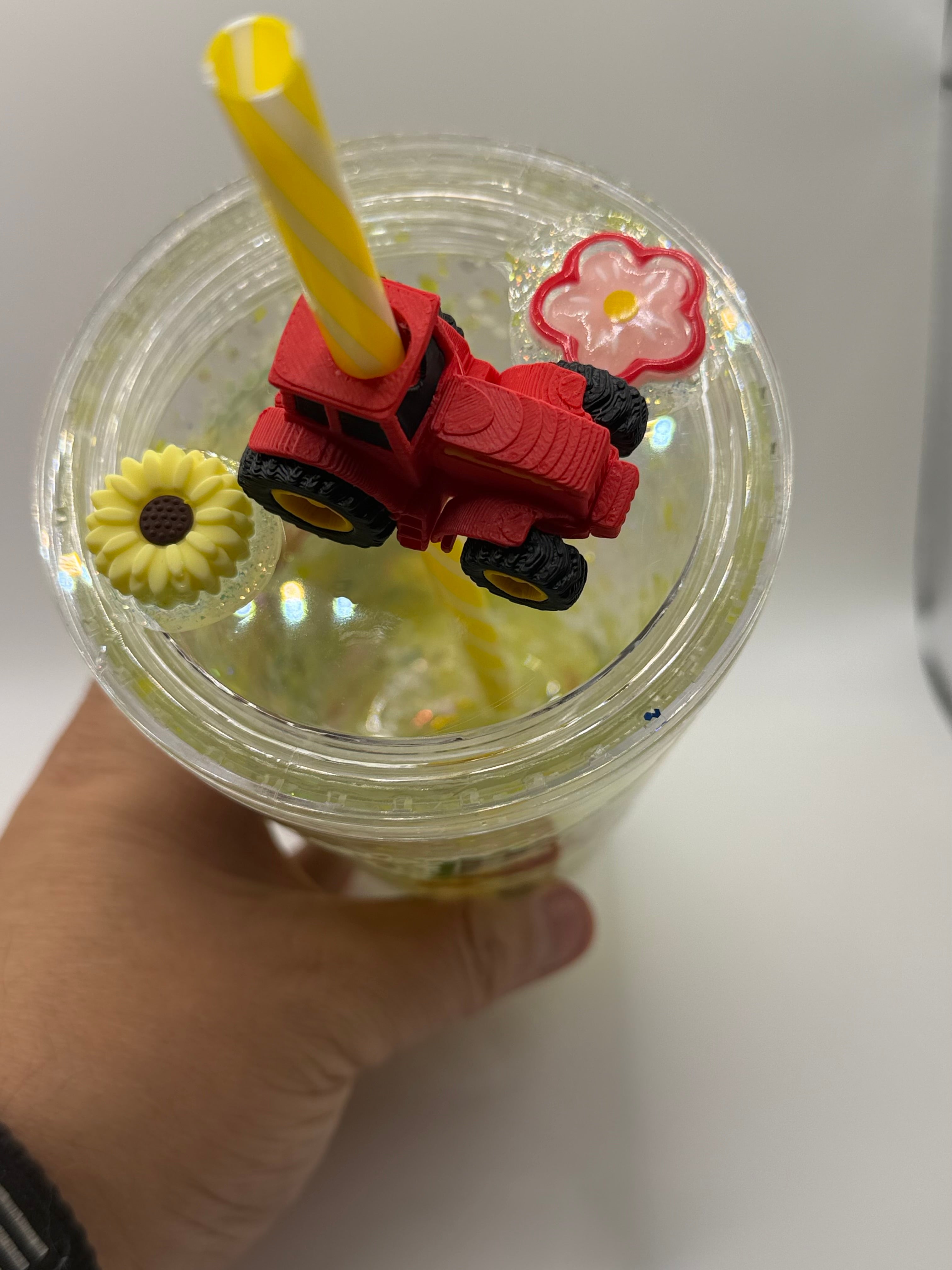 16 oz Tractor with Sunflowers snow globe cup with decorated lid and striped straw