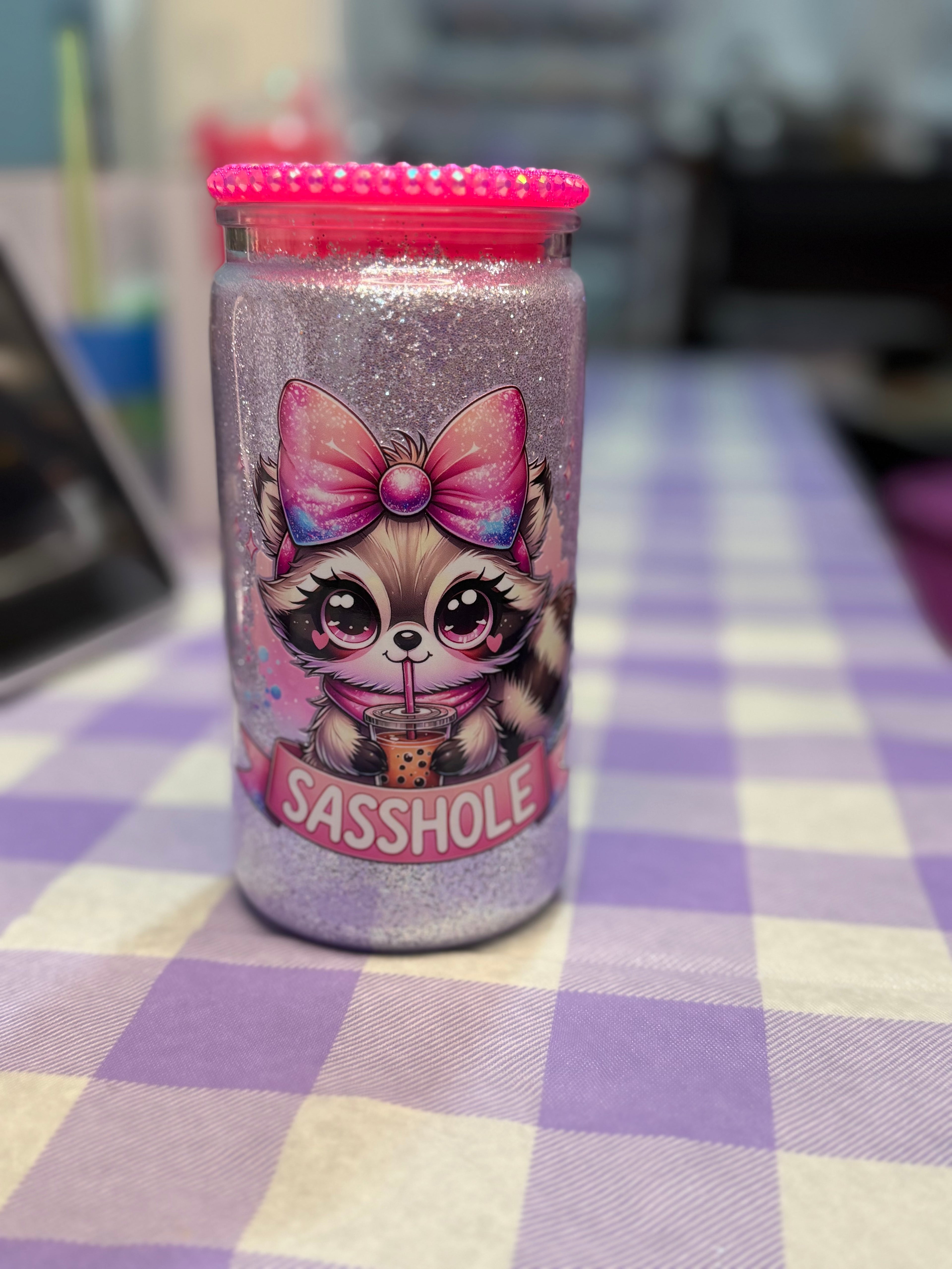 16 oz dry glitter tumbler Sasshole with beaded lid and straw topper