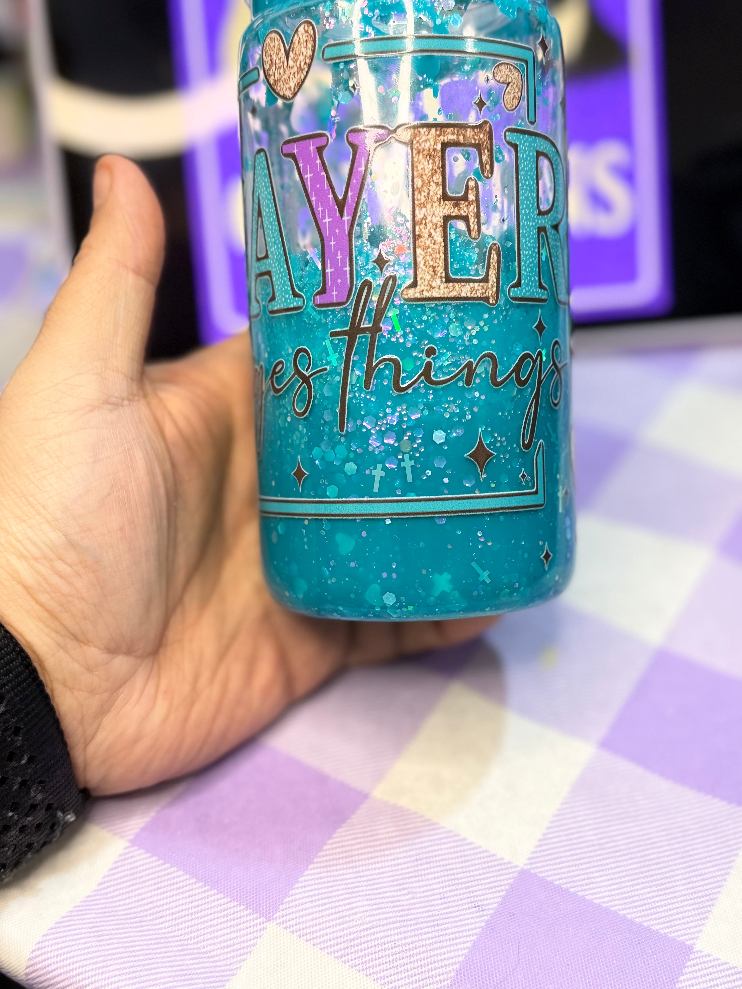 16 oz Prayer Changes Things drip dry glitter cup