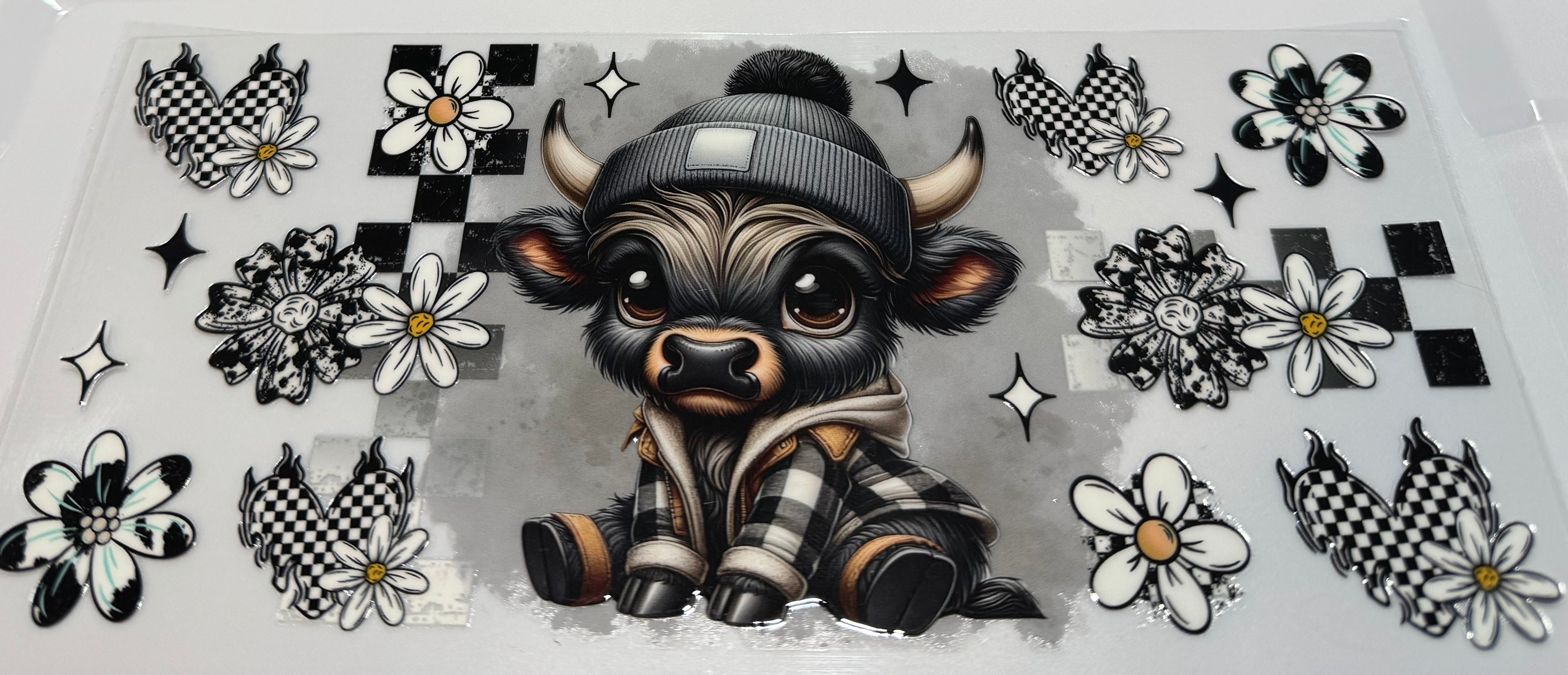 Plaid cow with grey hat wrap