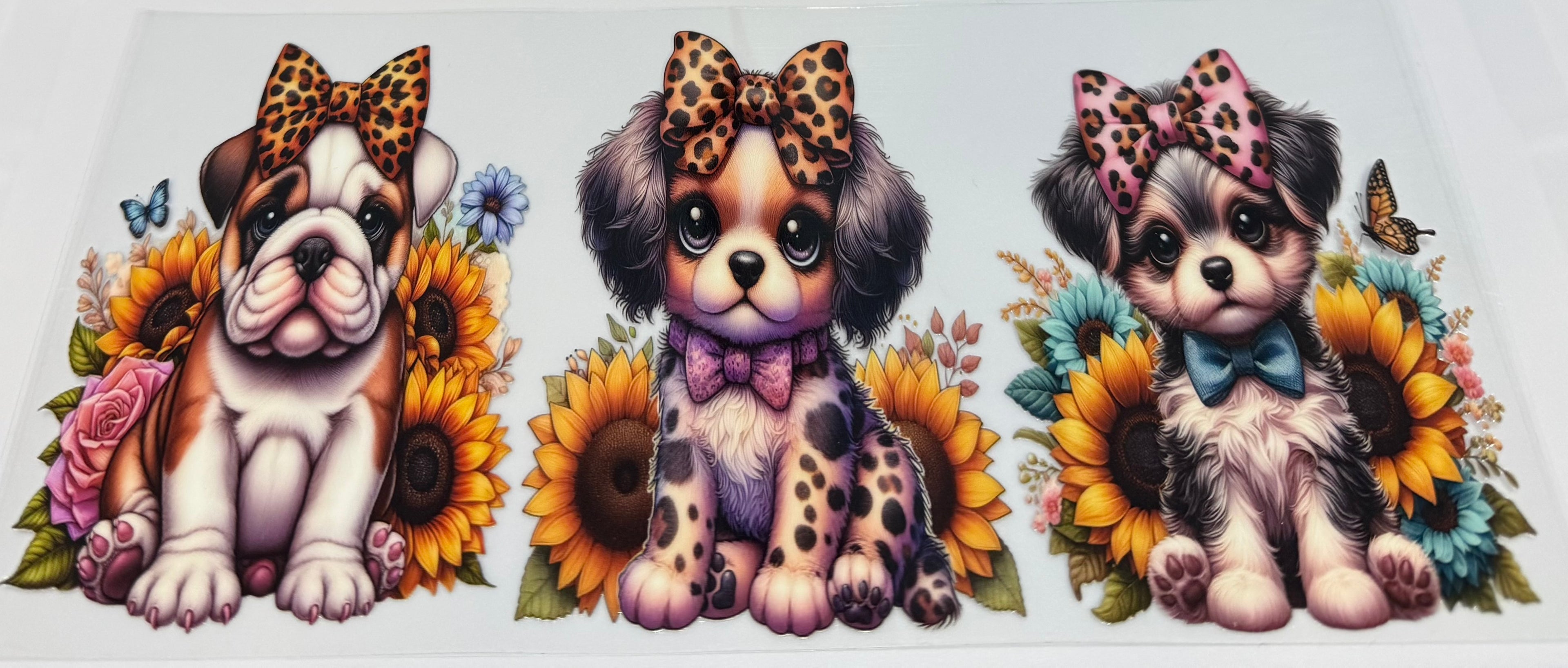 Cute dogs with leopard bows and sunflowers wrap