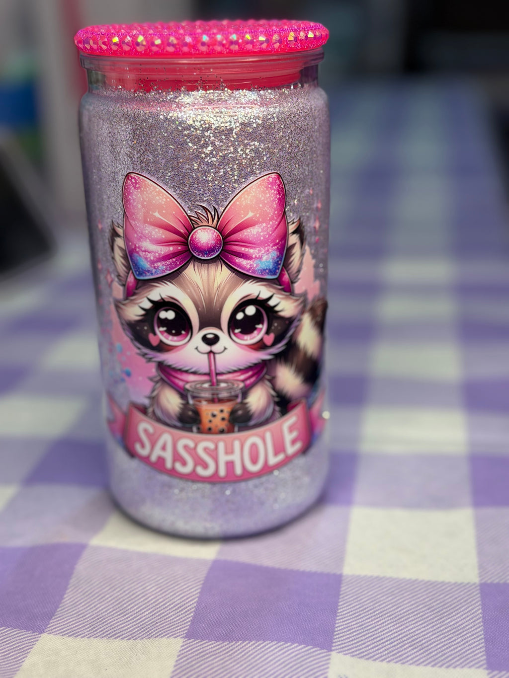 16 oz dry glitter tumbler Sasshole with beaded lid and straw topper