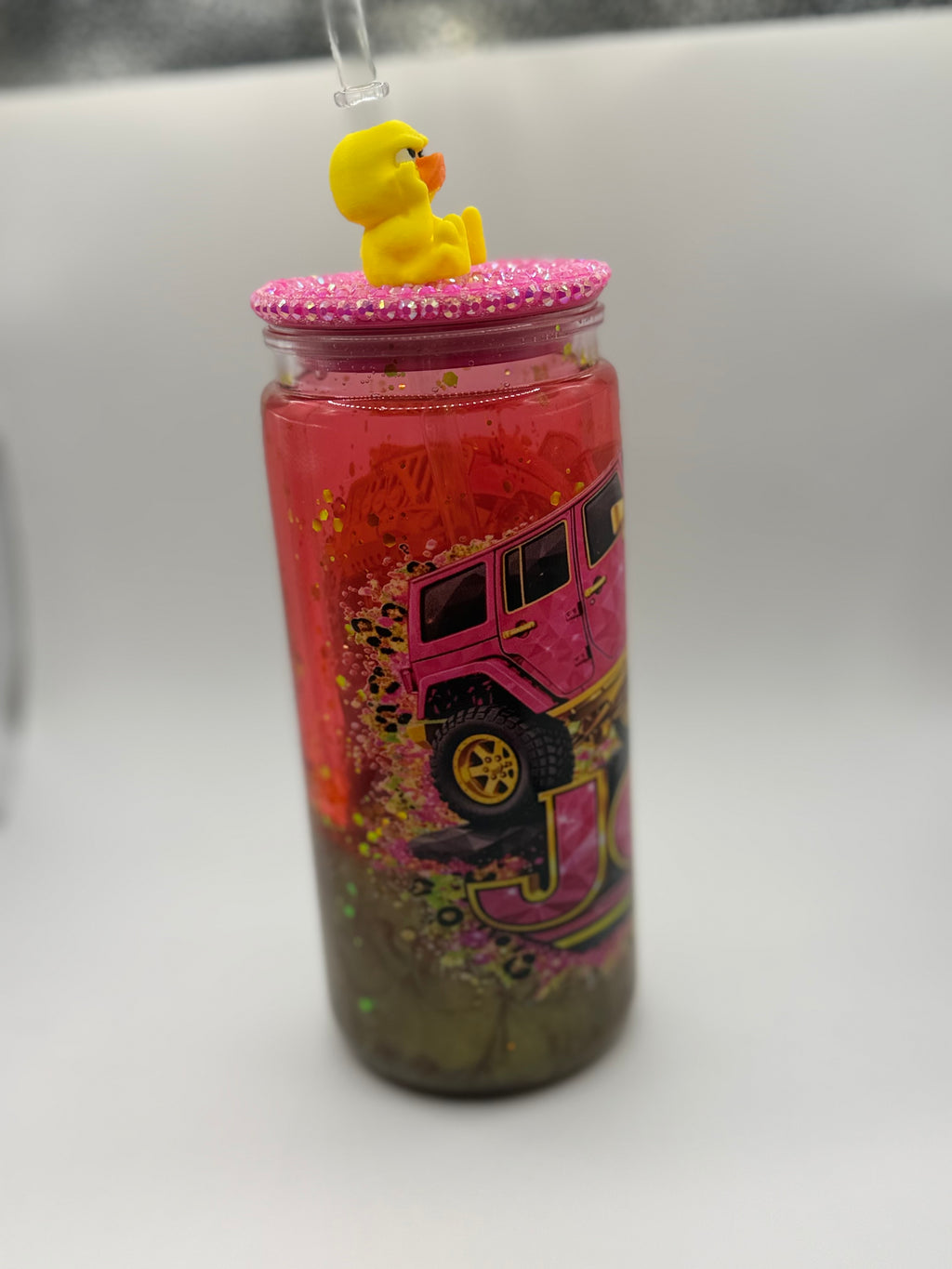 20 oz Jeep girl snow globe cup with Duck straw topper and rhinestone lid