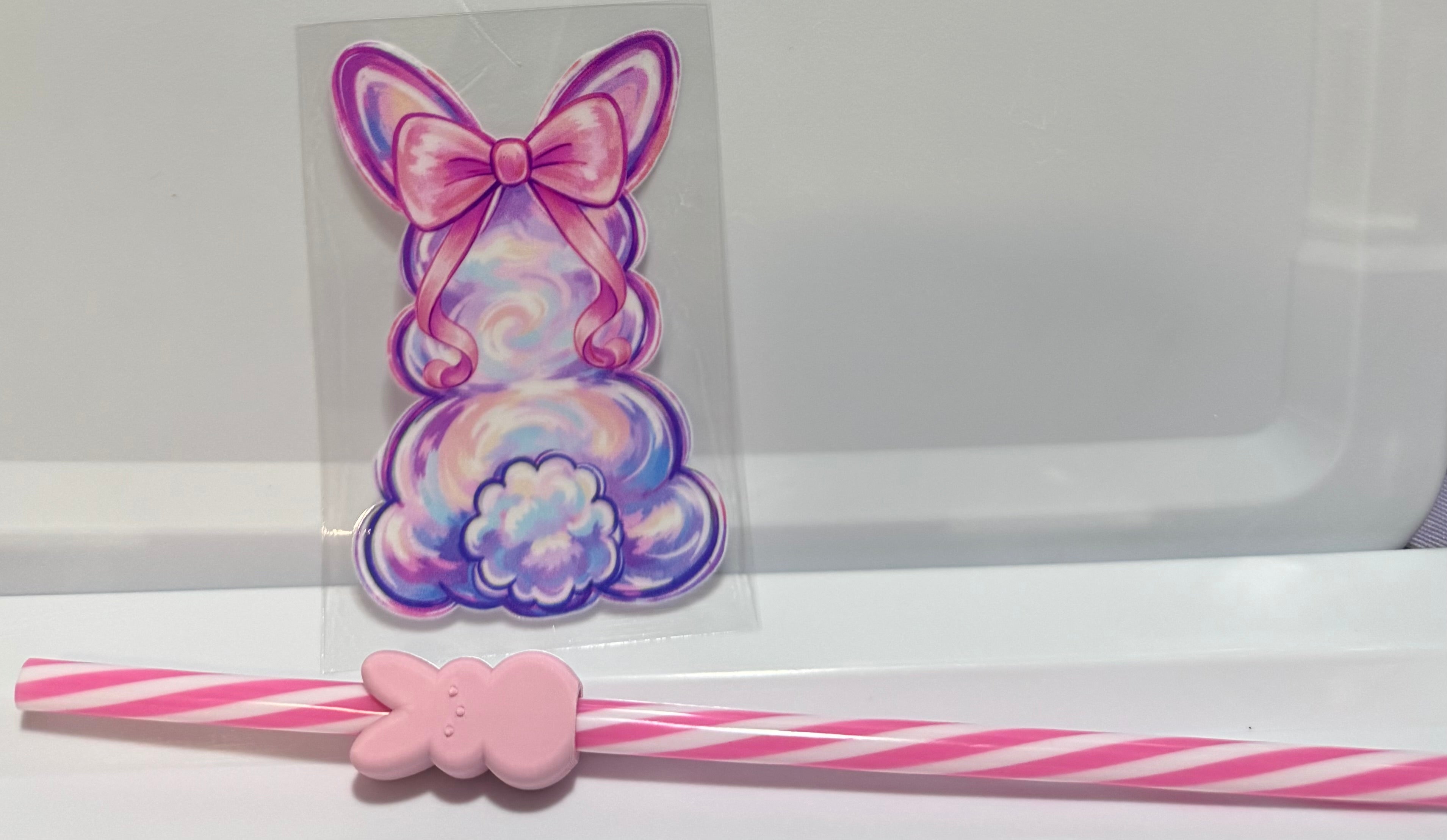 Pink and purple bunny decal, Straw and Topper set