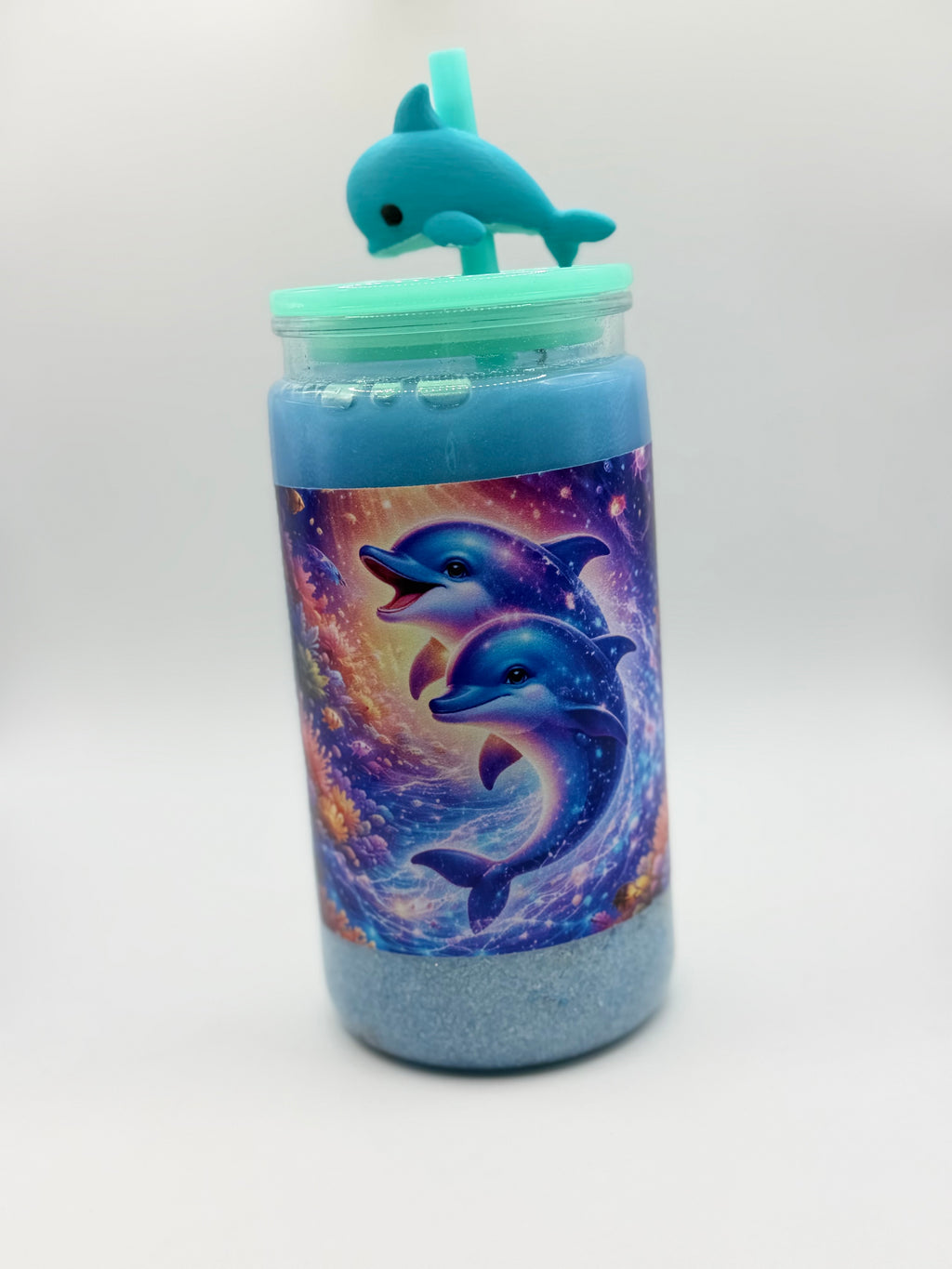 16 oz Dolphin Beach snow globe cup with Dolphin straw topper