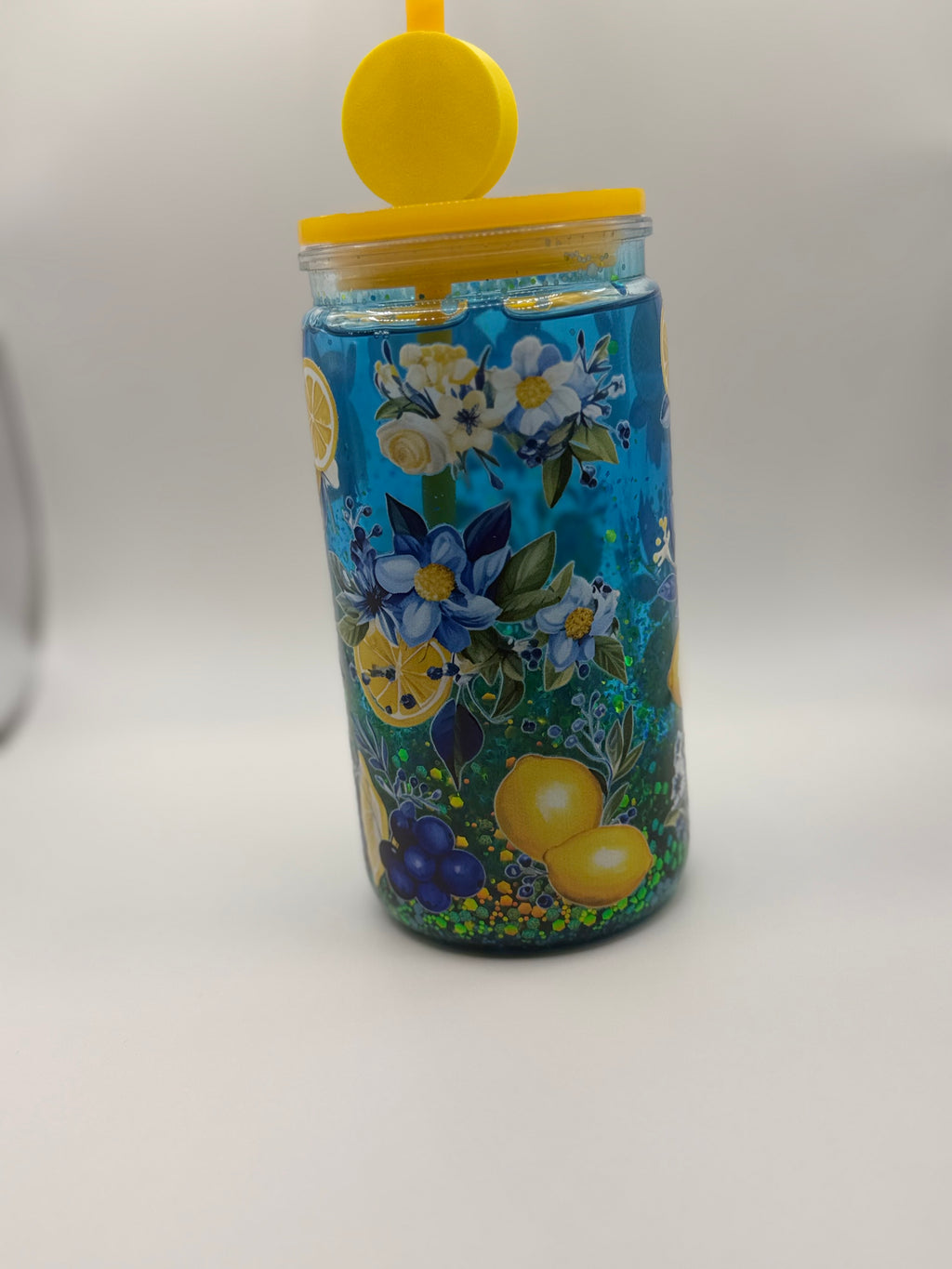 16 oz Blue and Yellow flowers snow globe cup with Lemon straw topper