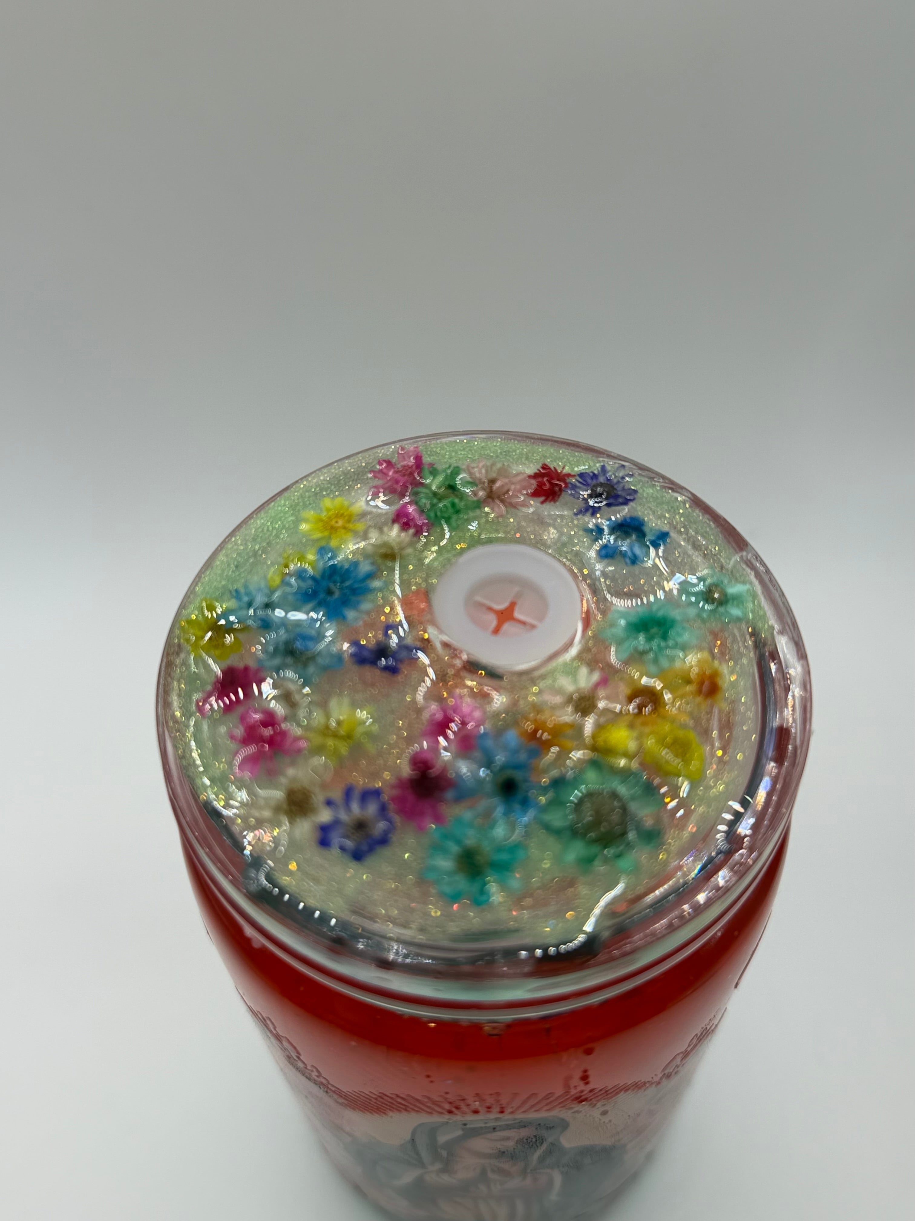 16 oz Virgin Mary snow globe cup with decorated lid