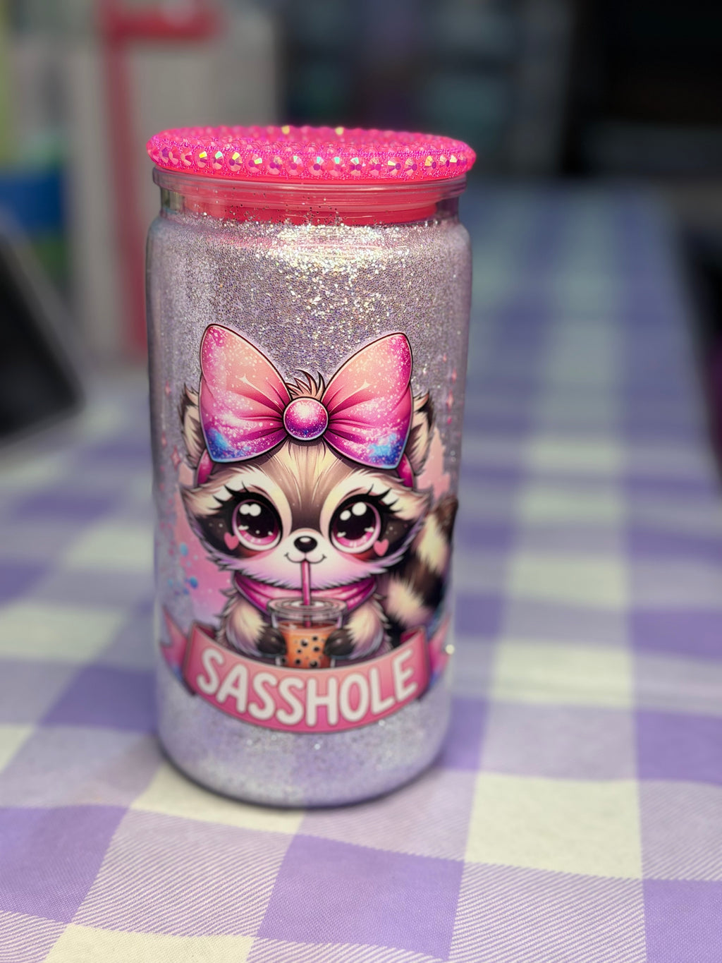 16 oz dry glitter tumbler Sasshole with beaded lid and straw topper