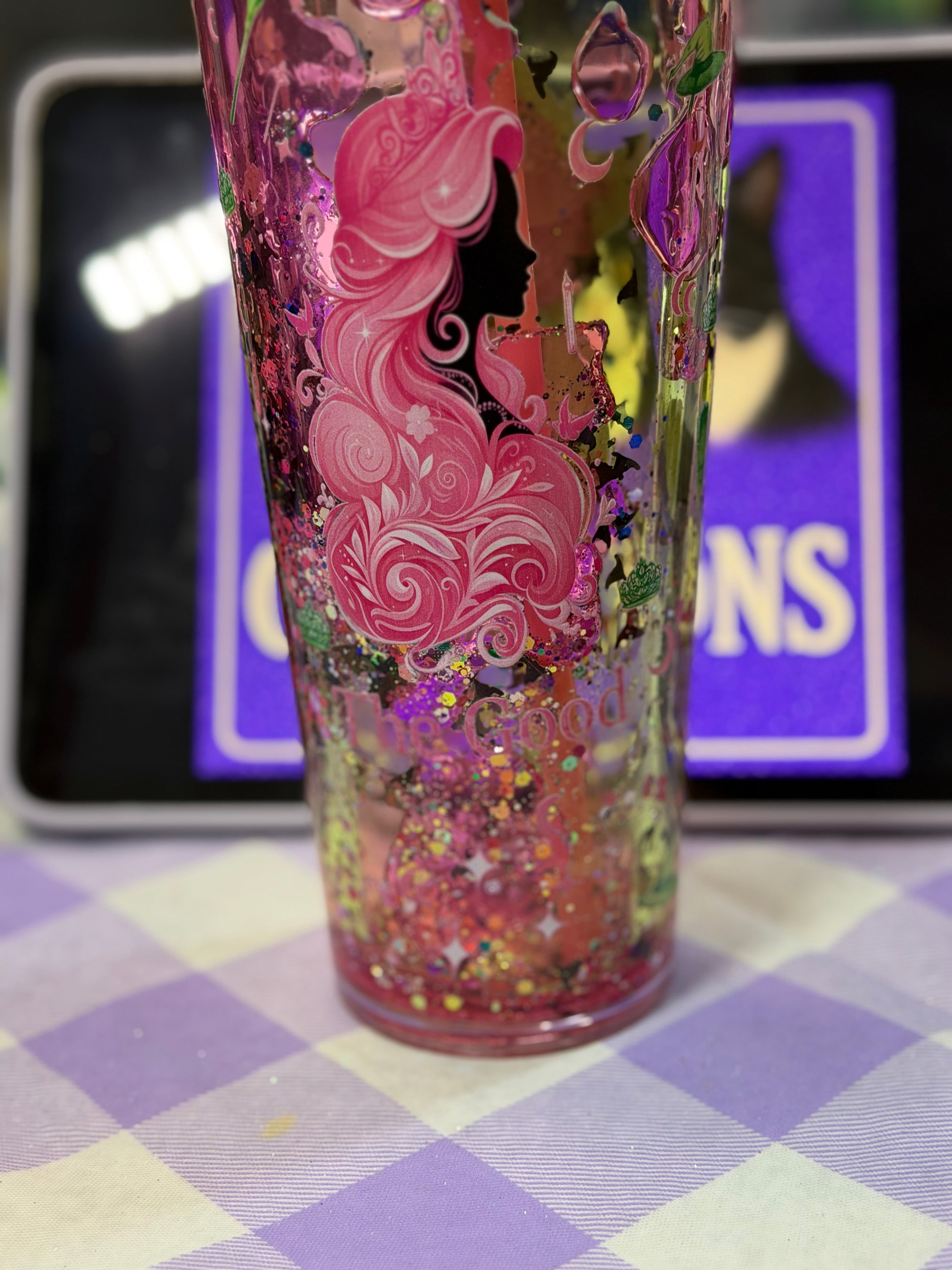 24 oz Wicked lava tumbler with witches feet straw topper