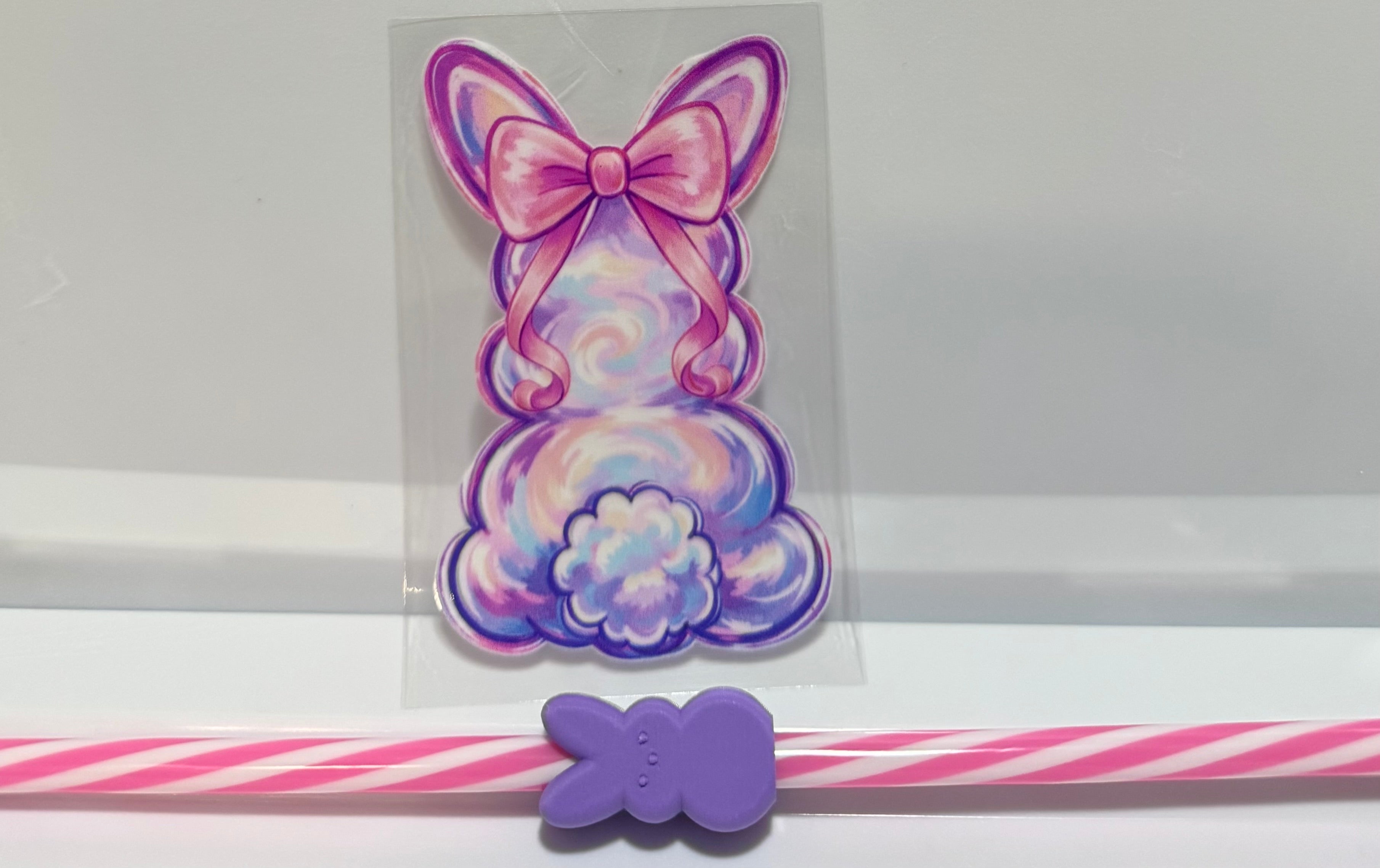 Pink and purple bunny decal, Straw and Topper set