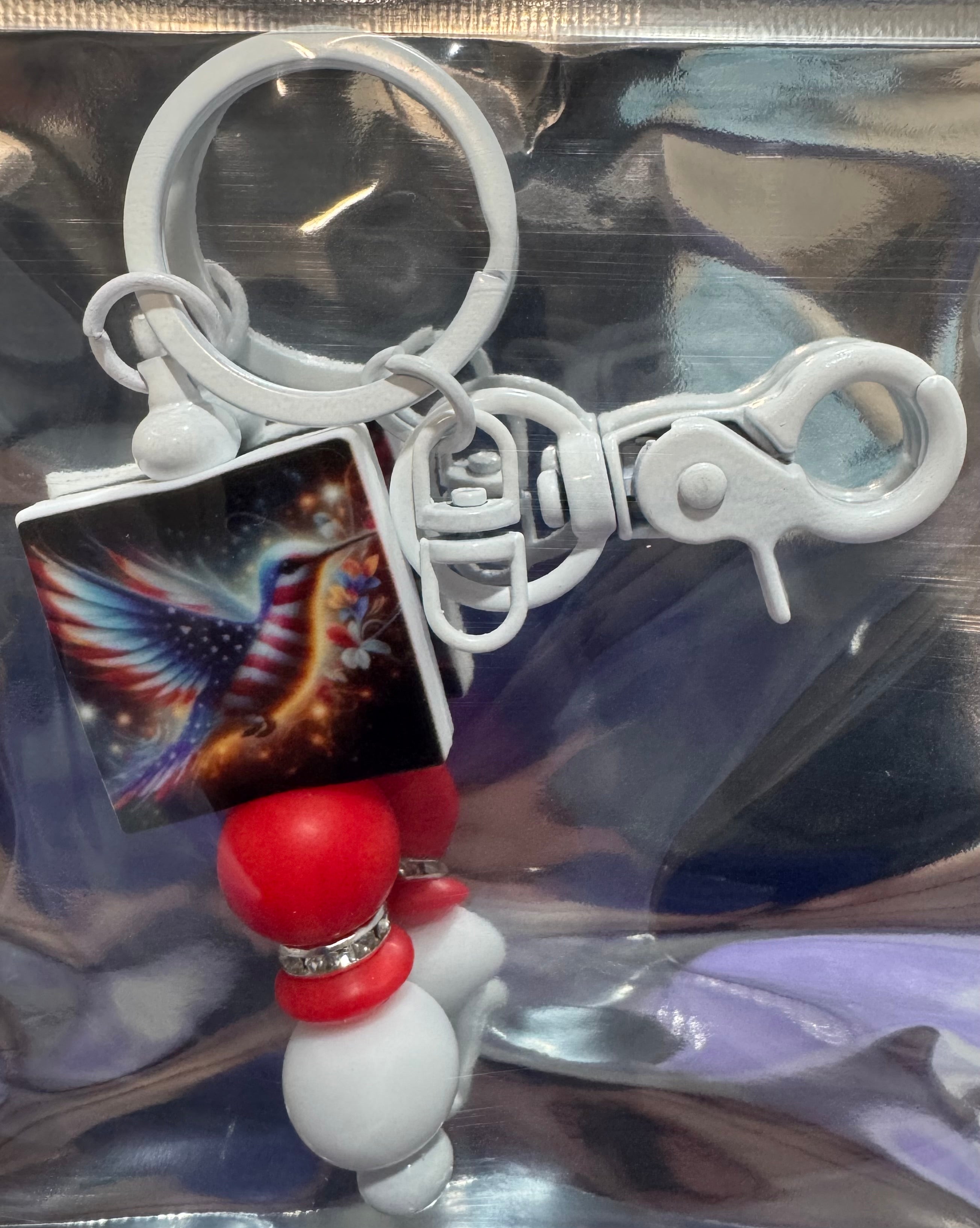 Red white & blue hummingbird beaded keychain