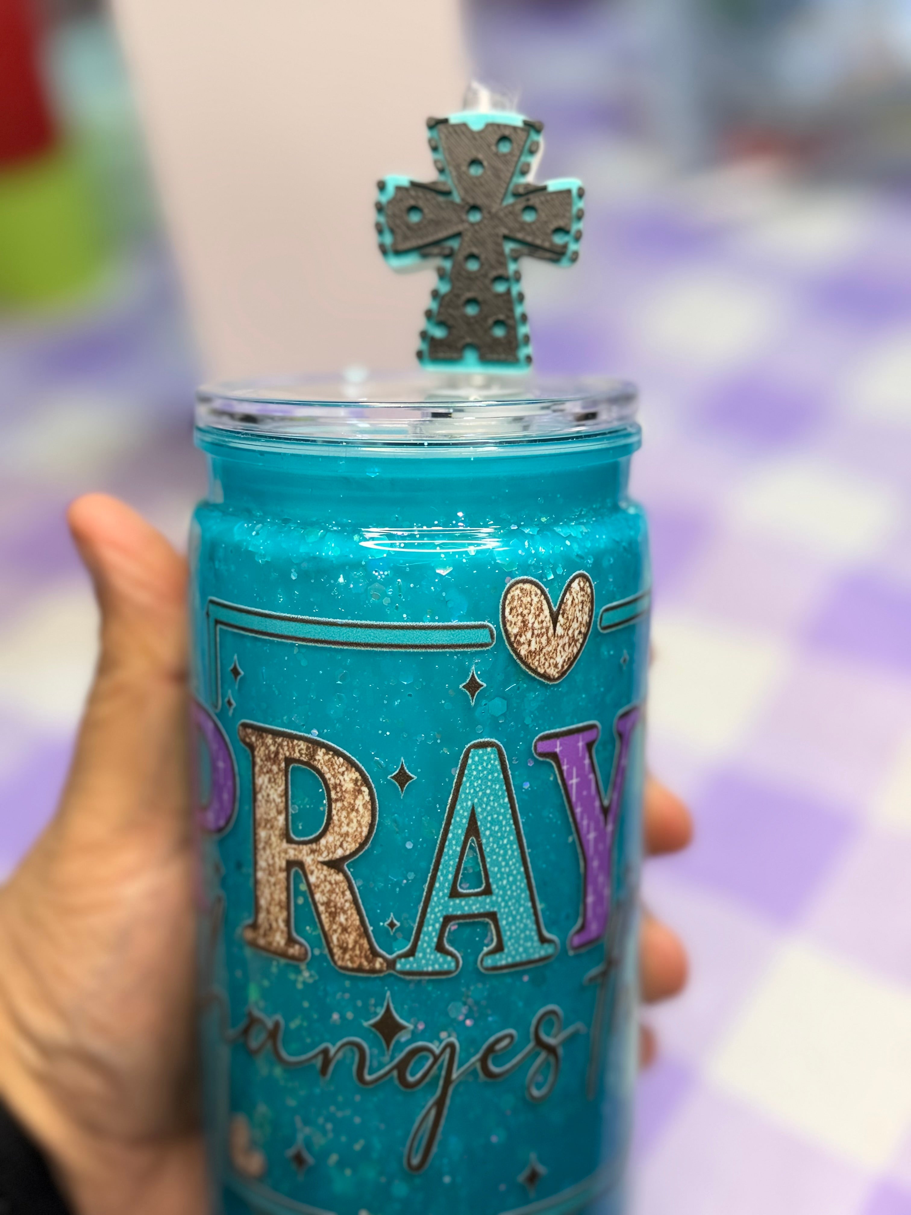16 oz Prayer Changes Things drip dry glitter cup
