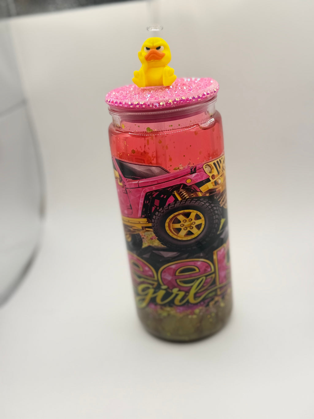 20 oz Jeep girl snow globe cup with Duck straw topper and rhinestone lid