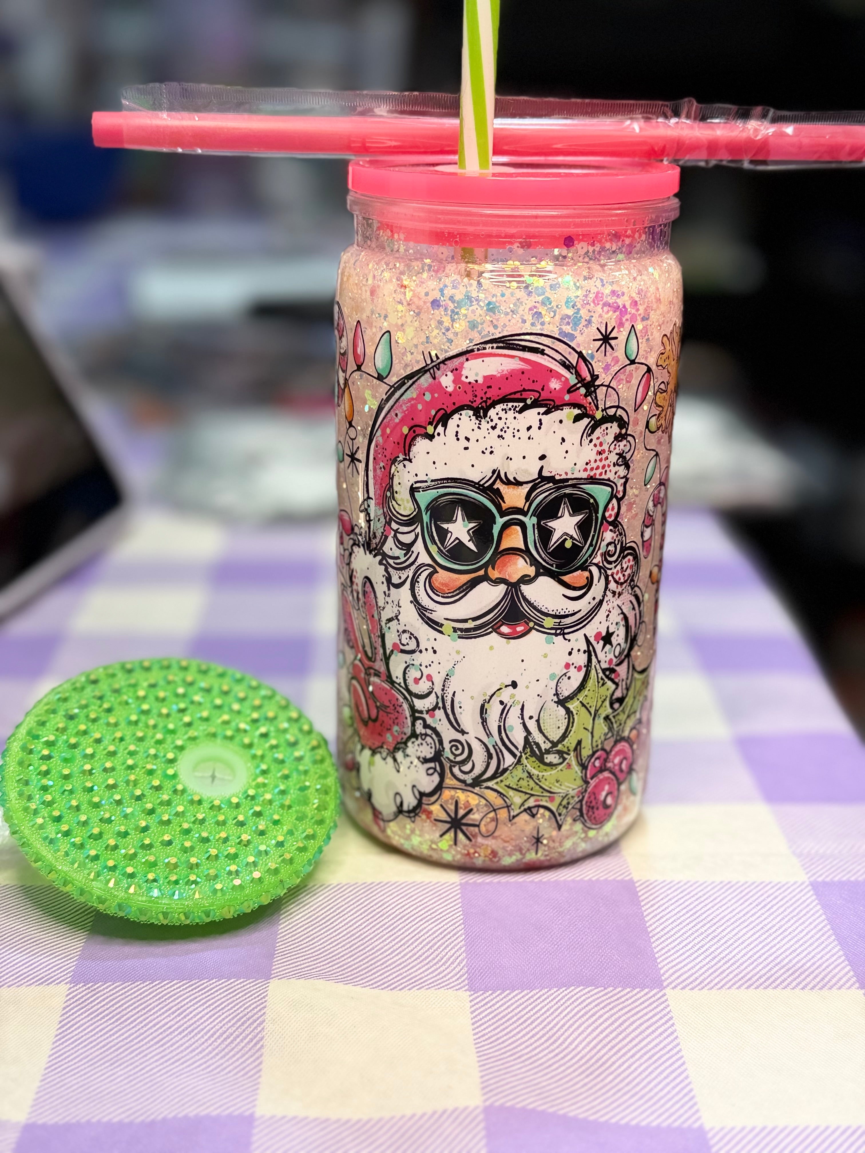 16 oz Santa with Santa straw topper, pink stripe straw and green rhinestone lid