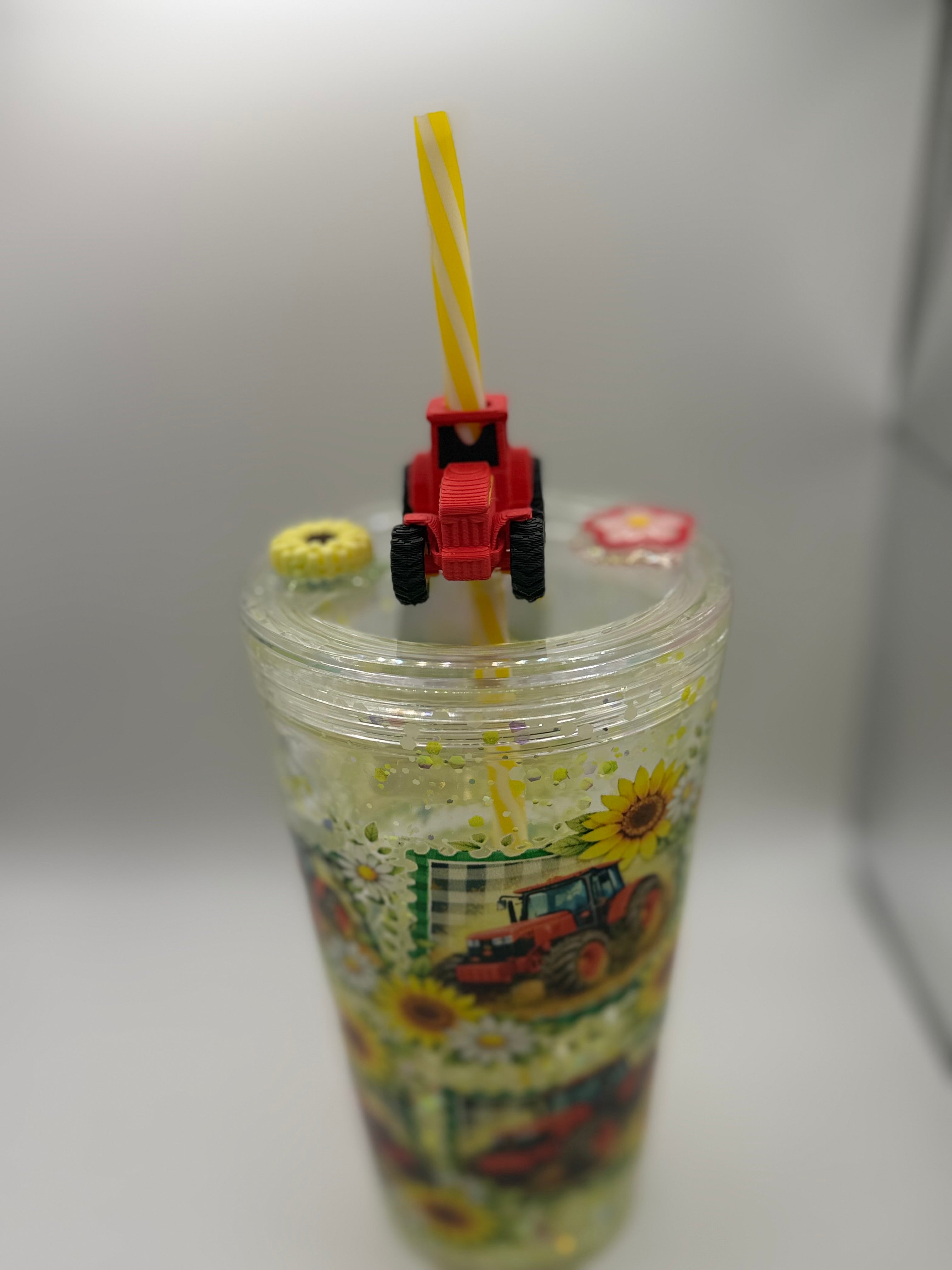 16 oz Tractor with Sunflowers snow globe cup with decorated lid and striped straw