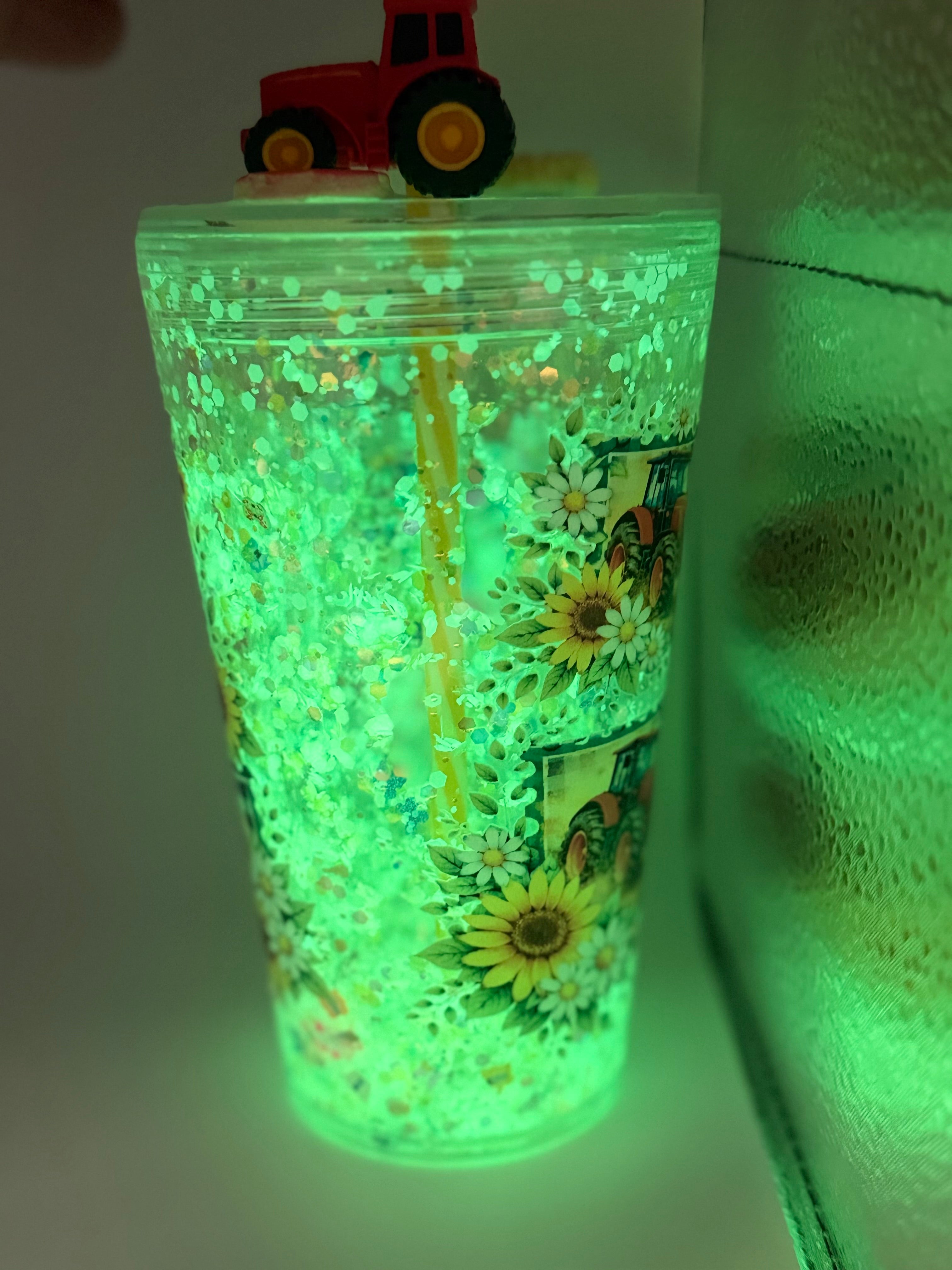 16 oz Tractor with Sunflowers snow globe cup with decorated lid and striped straw