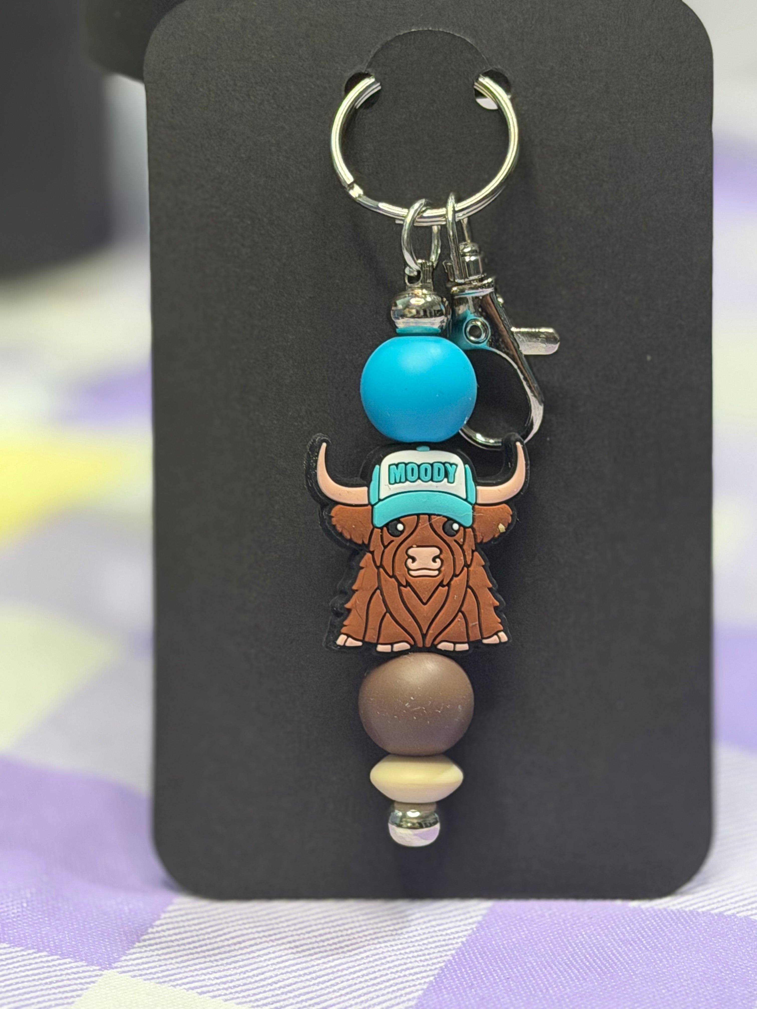 Moody Cow beaded key chain