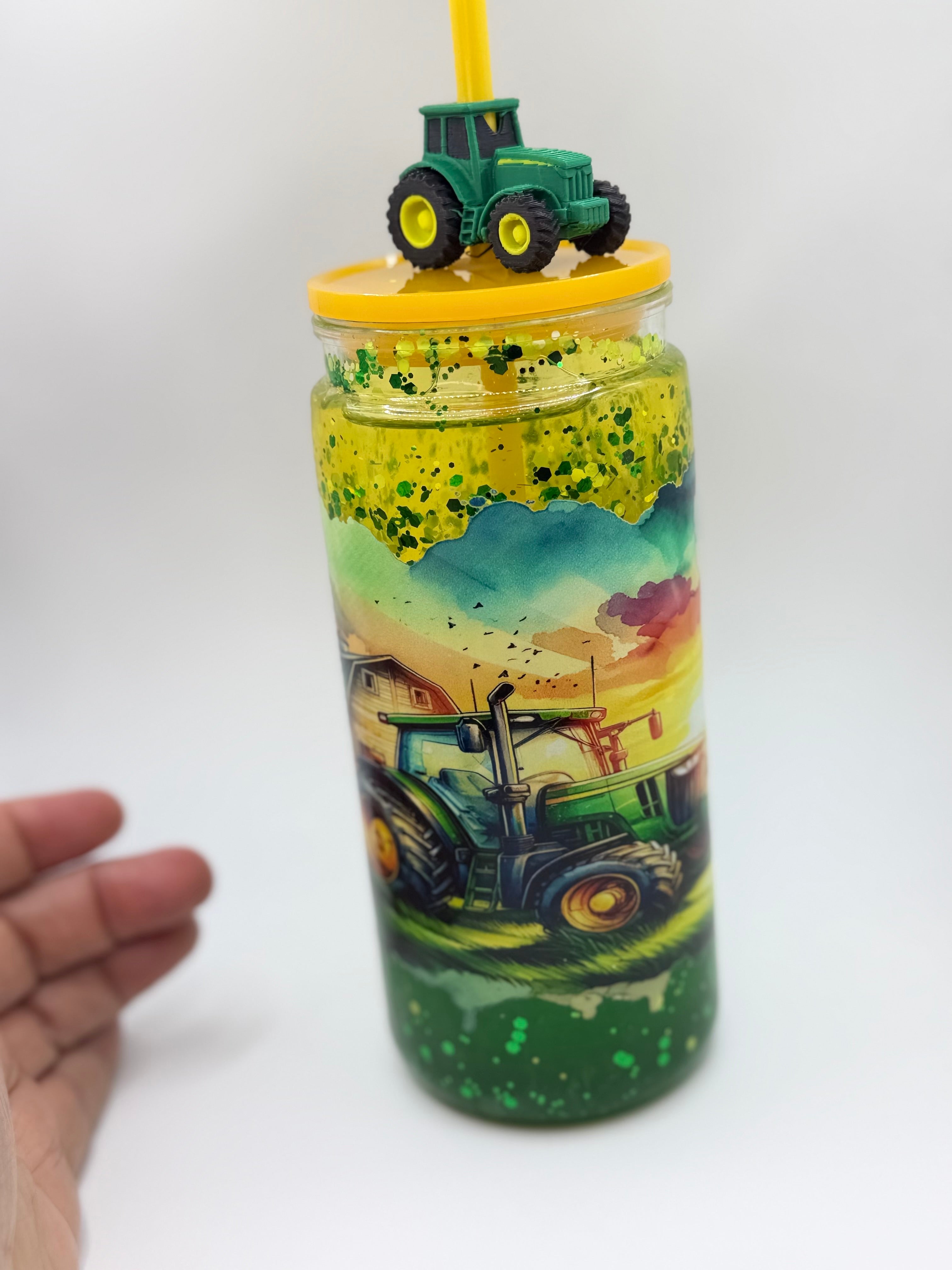 20 oz Sunset on the Farm lava  snow globe cup with tractor straw topper