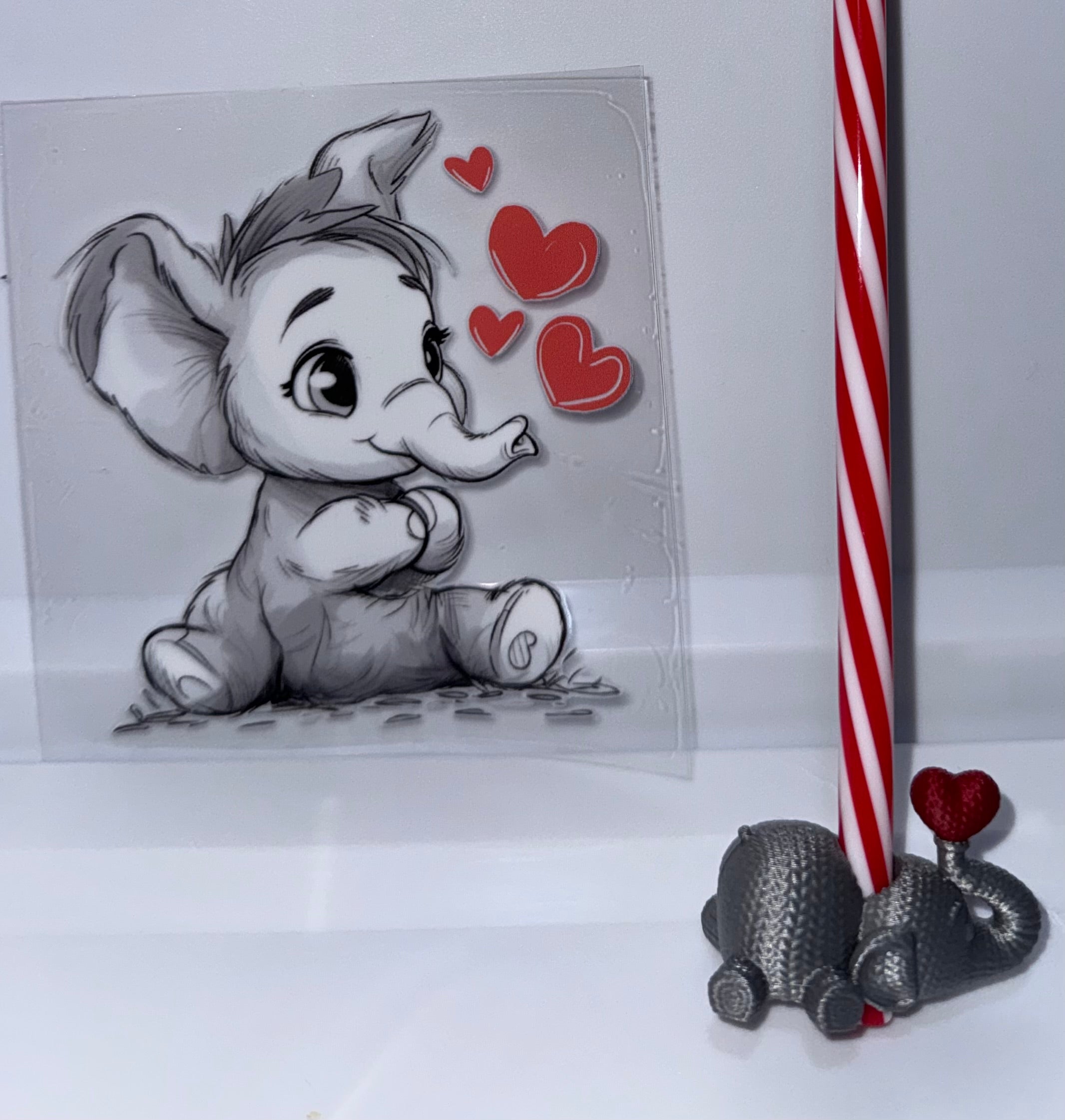 Adorable Elephant and heart Decal, Straw and Topper set
