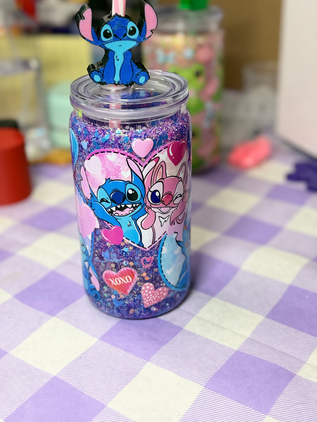16 oz Sti-tch glitter snow globe cup with straw topper