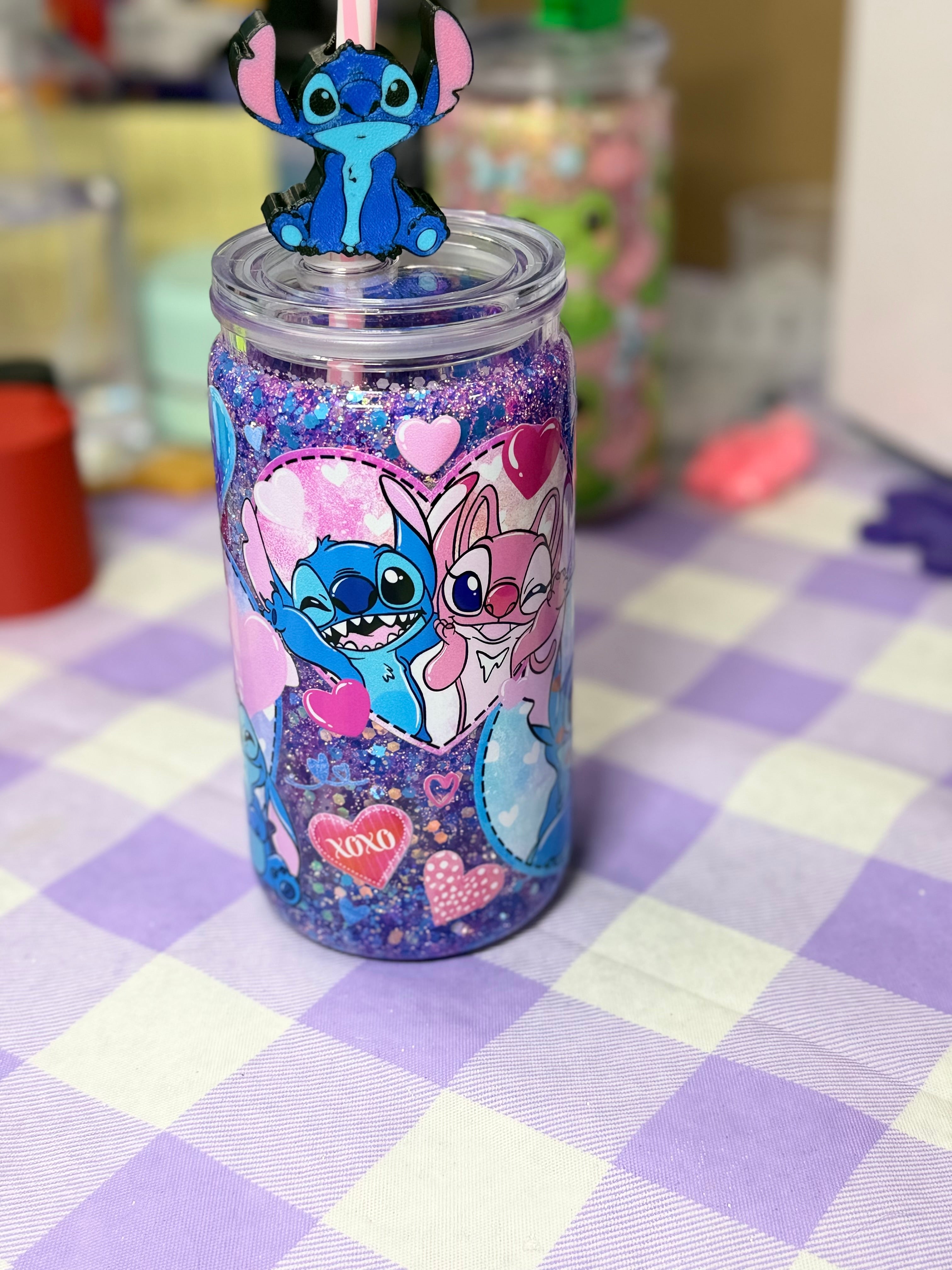 16 oz Sti-tch glitter snow globe cup with straw topper