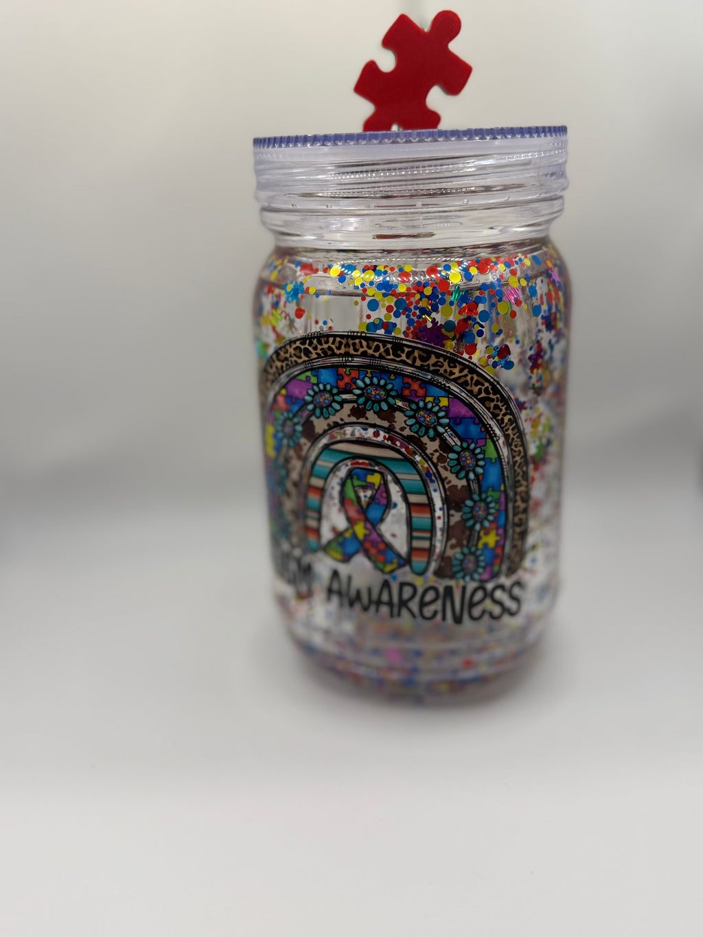 20 oz Autism Awareness Mason jar snow globe with puzzle piece straw topper