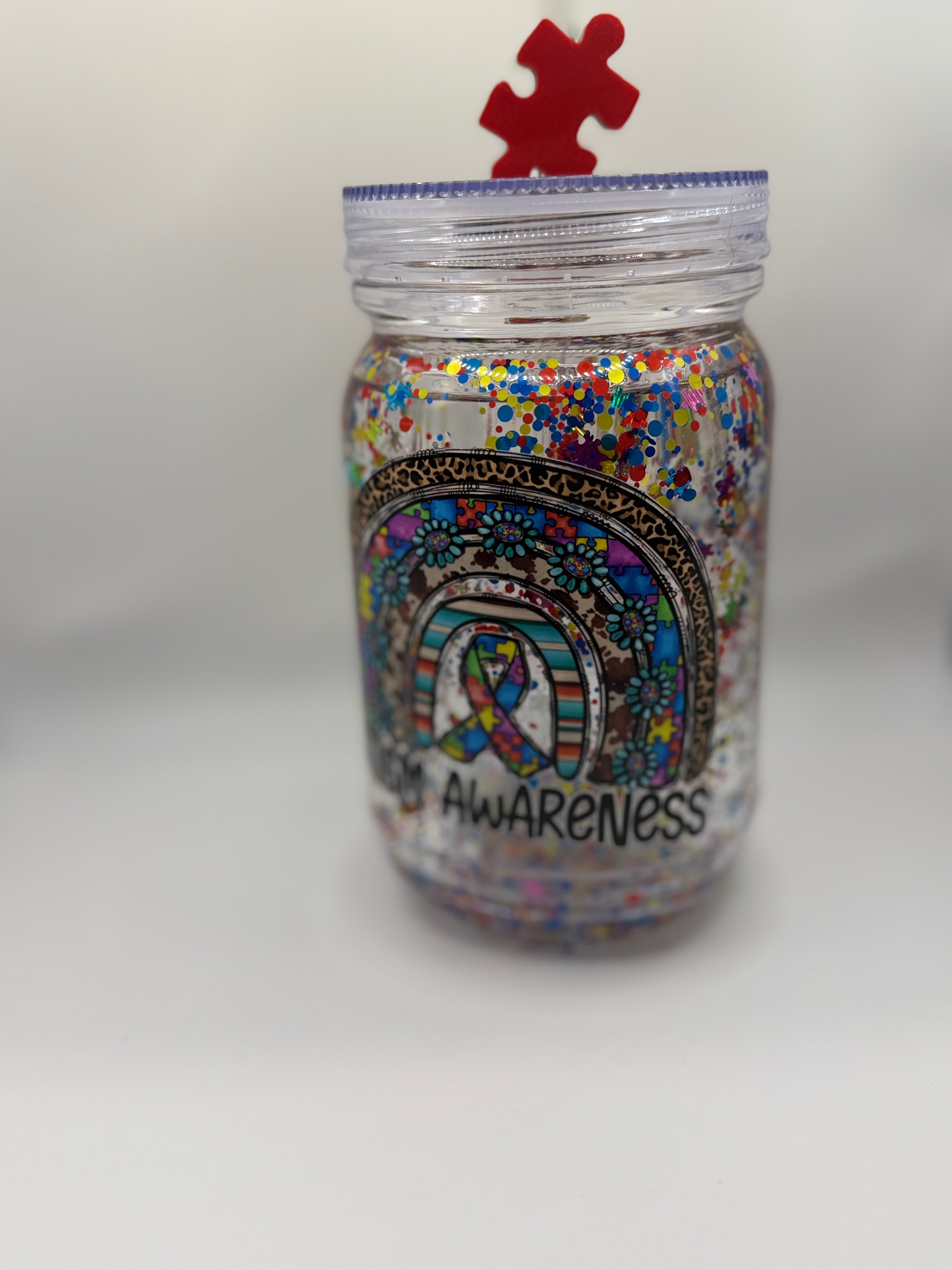 20 oz Autism Awareness Mason jar snow globe with puzzle piece straw topper
