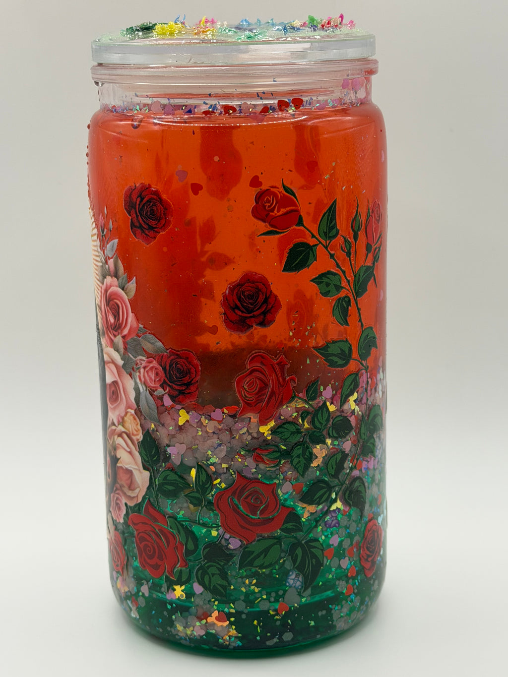 16 oz Virgin Mary snow globe cup with decorated lid