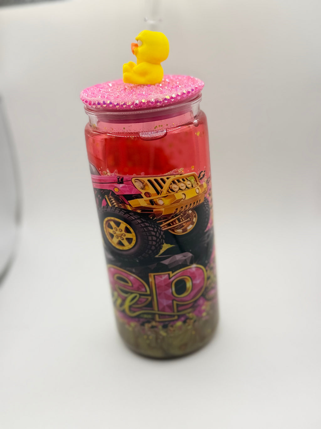 20 oz Jeep girl snow globe cup with Duck straw topper and rhinestone lid