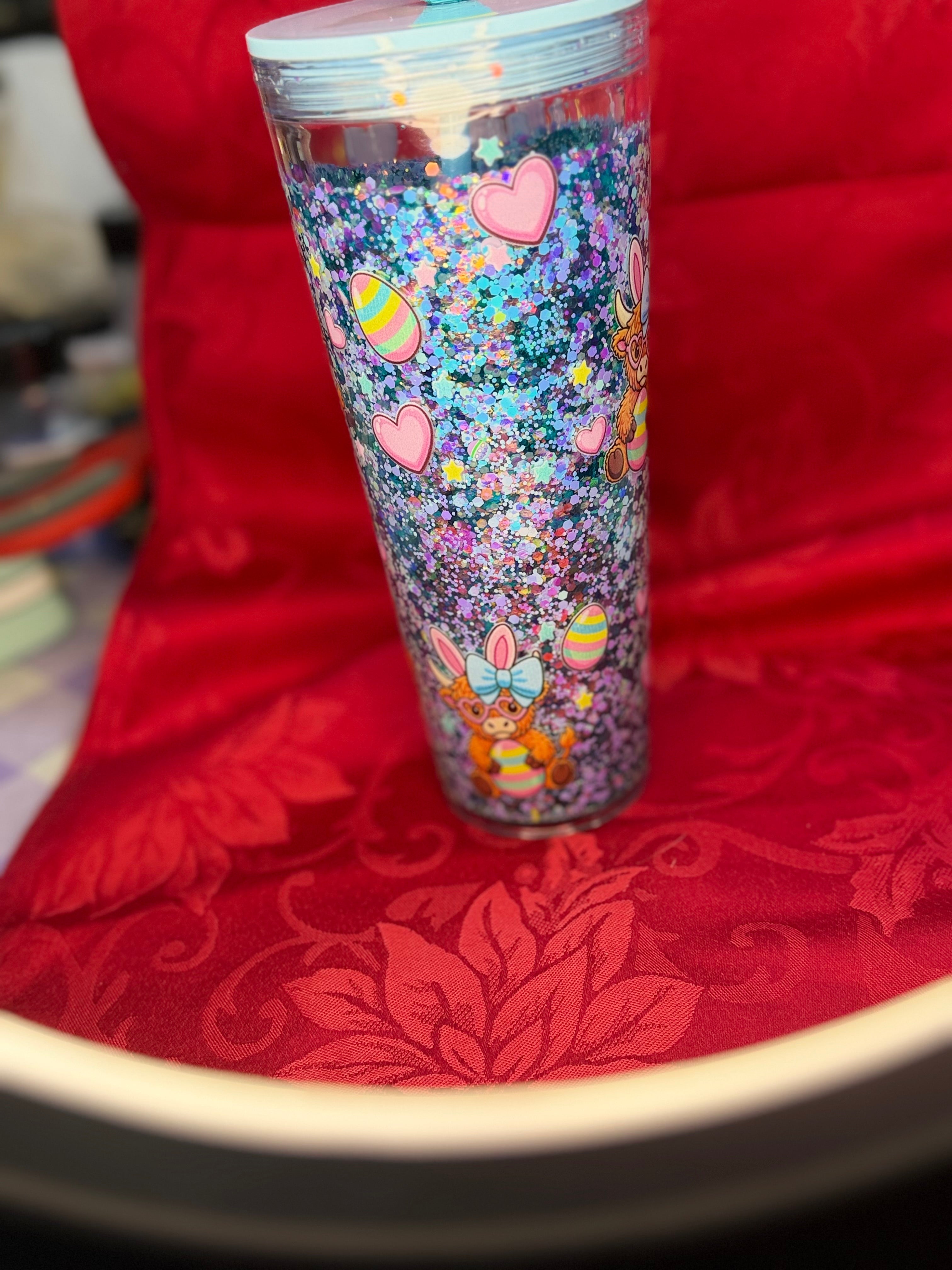 24 oz Easter Cows glitter tumbler with Easter Egg straw topper