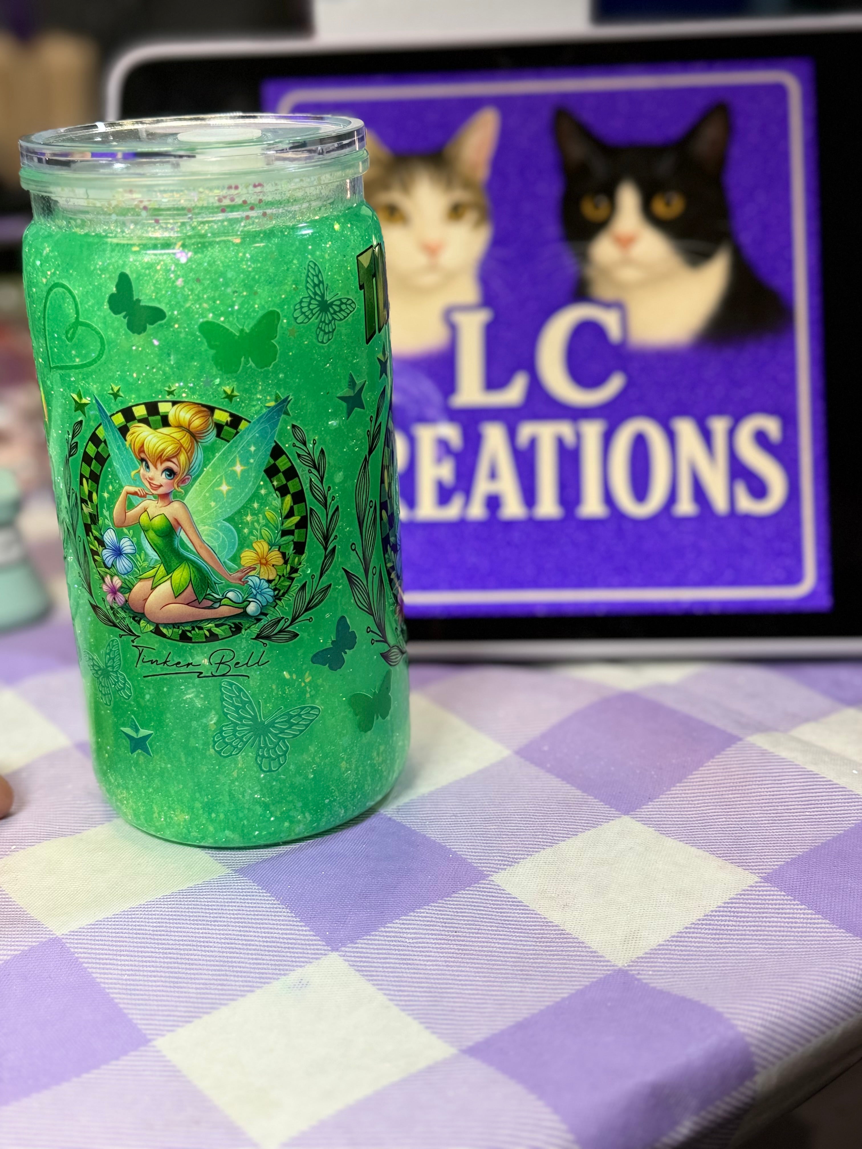 16 oz Tinkerbell glitter snow globe cup
