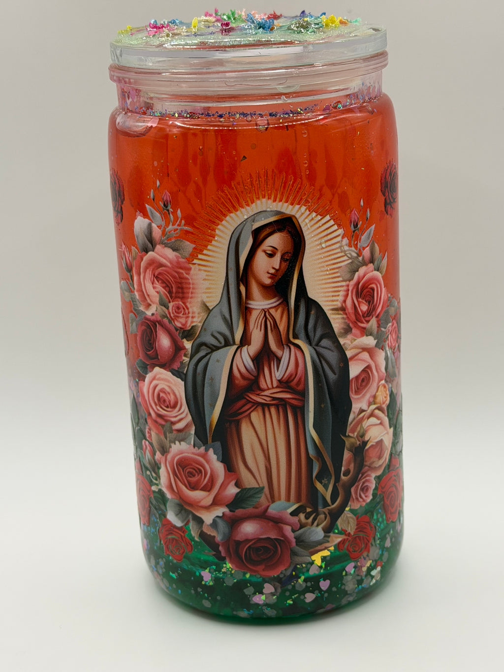 16 oz Virgin Mary snow globe cup with decorated lid