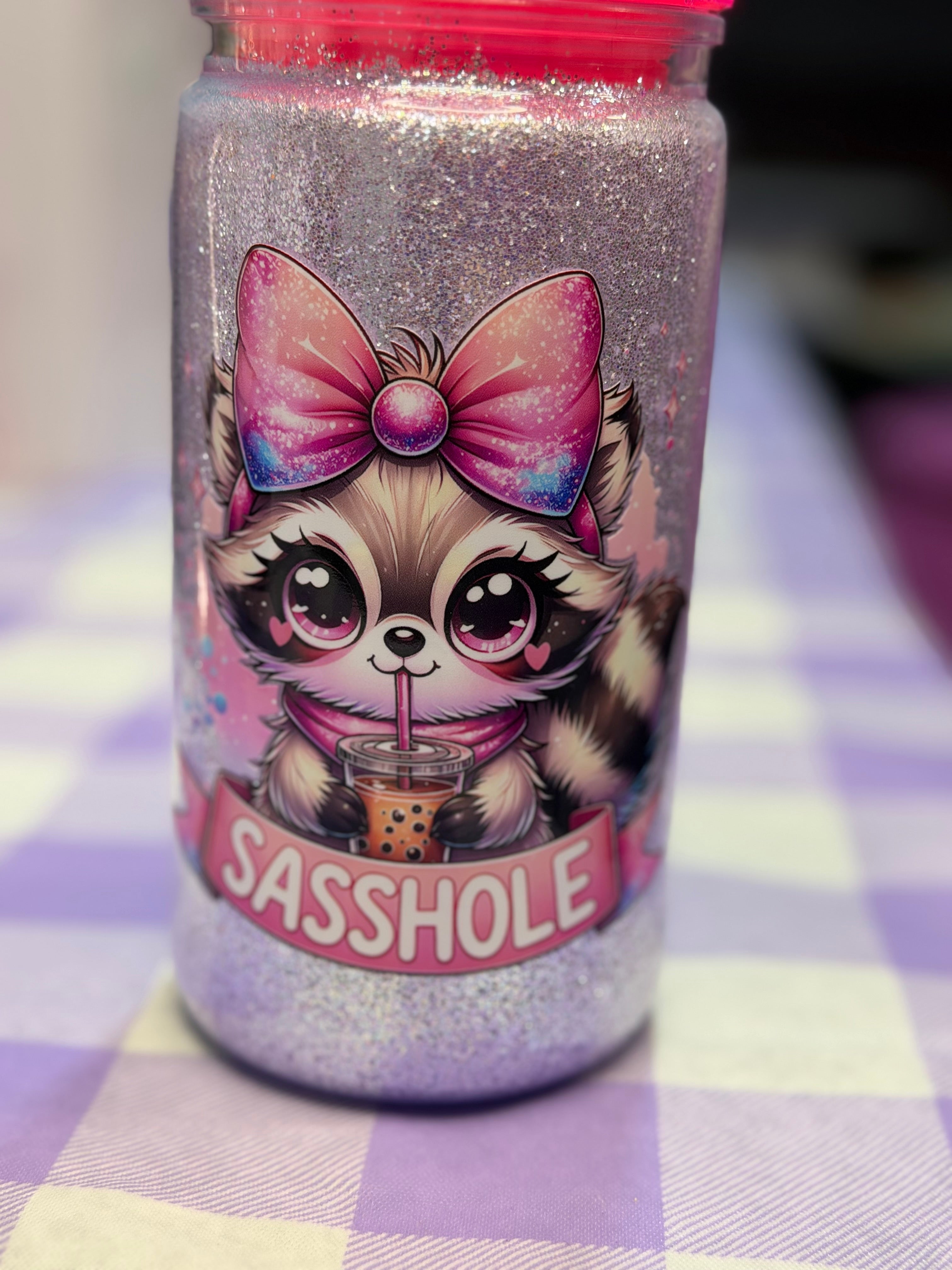 16 oz dry glitter tumbler Sasshole with beaded lid and straw topper