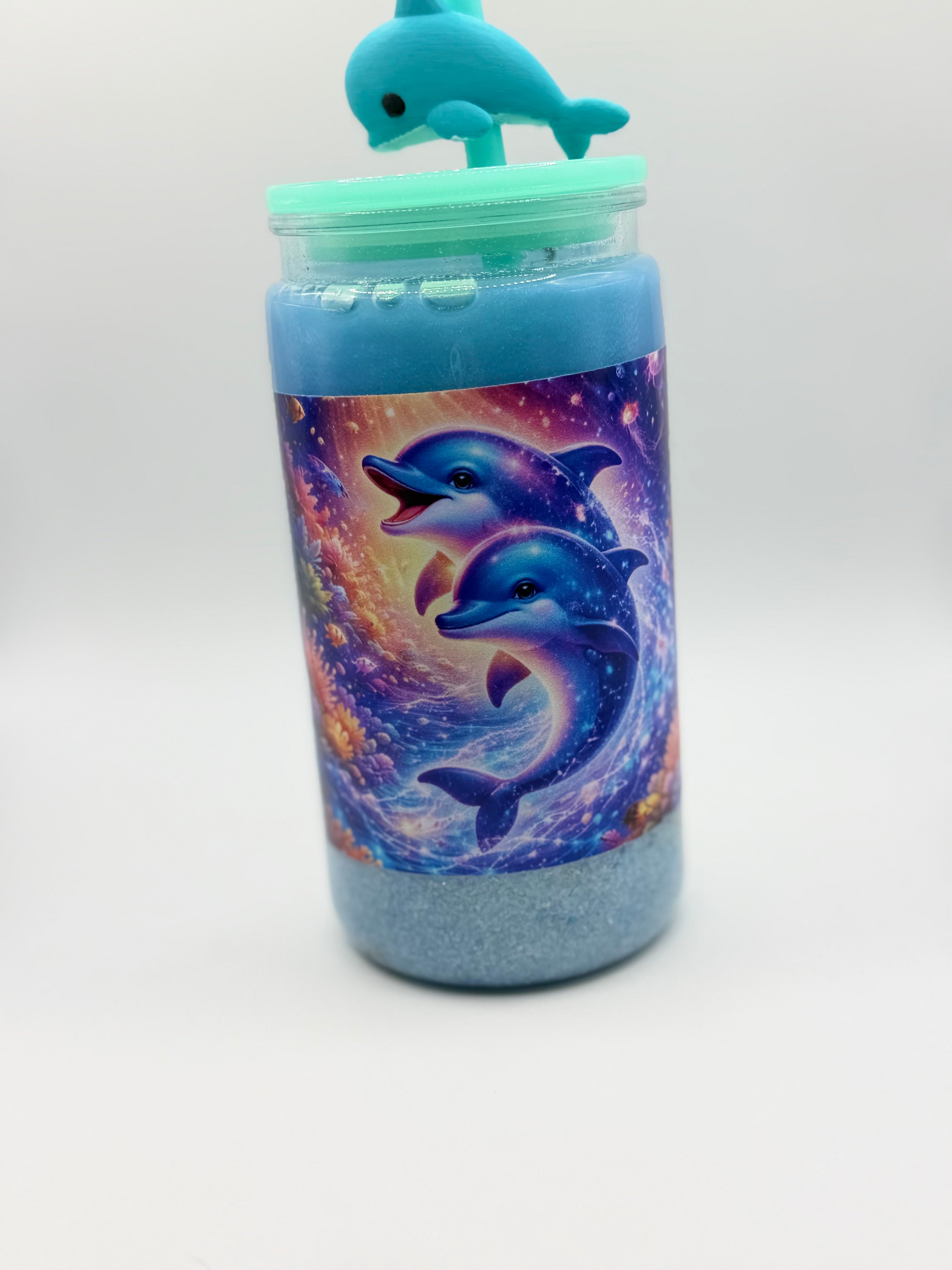 16 oz Dolphin Beach snow globe cup with Dolphin straw topper