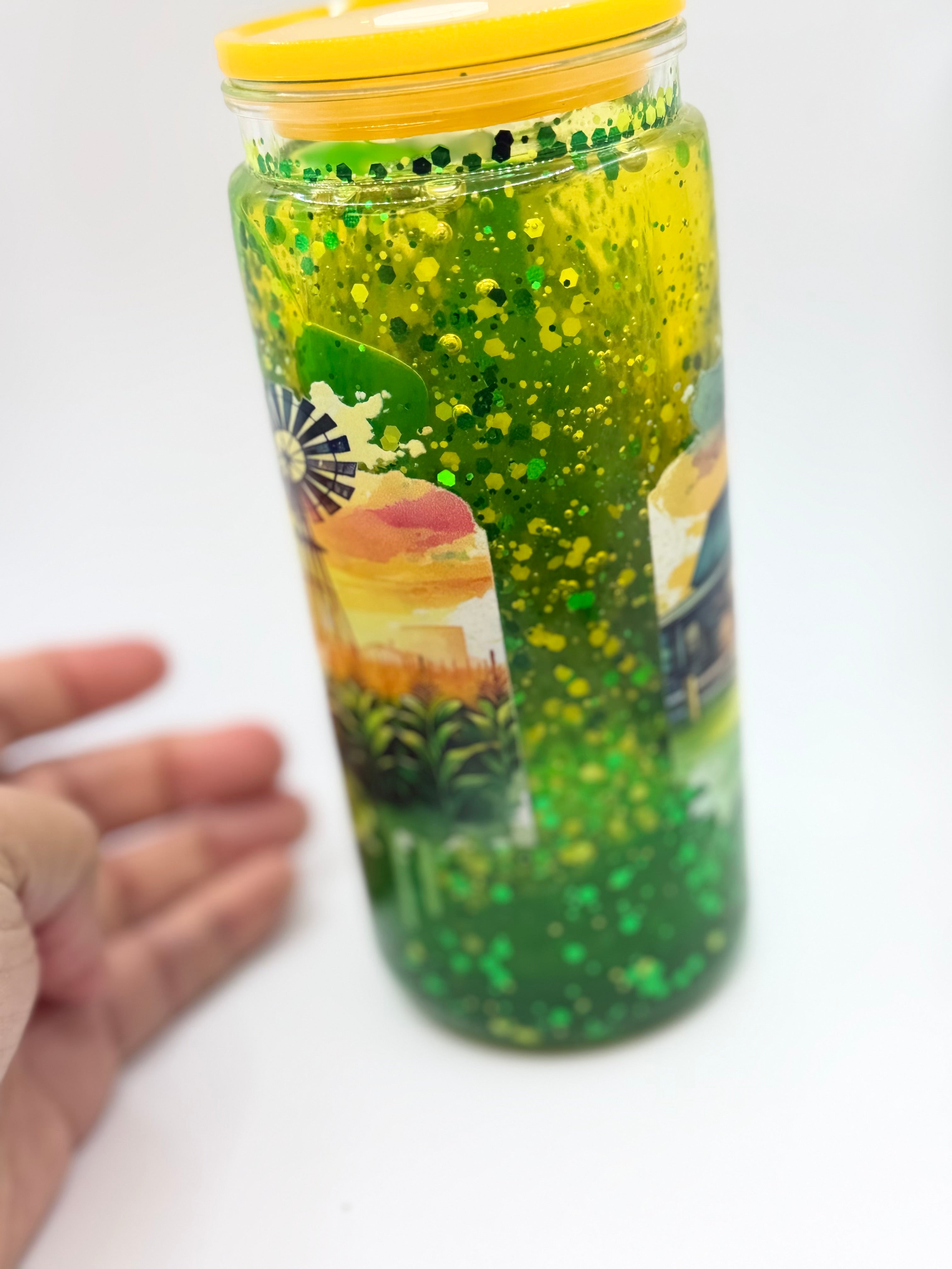 20 oz Sunset on the Farm lava  snow globe cup with tractor straw topper