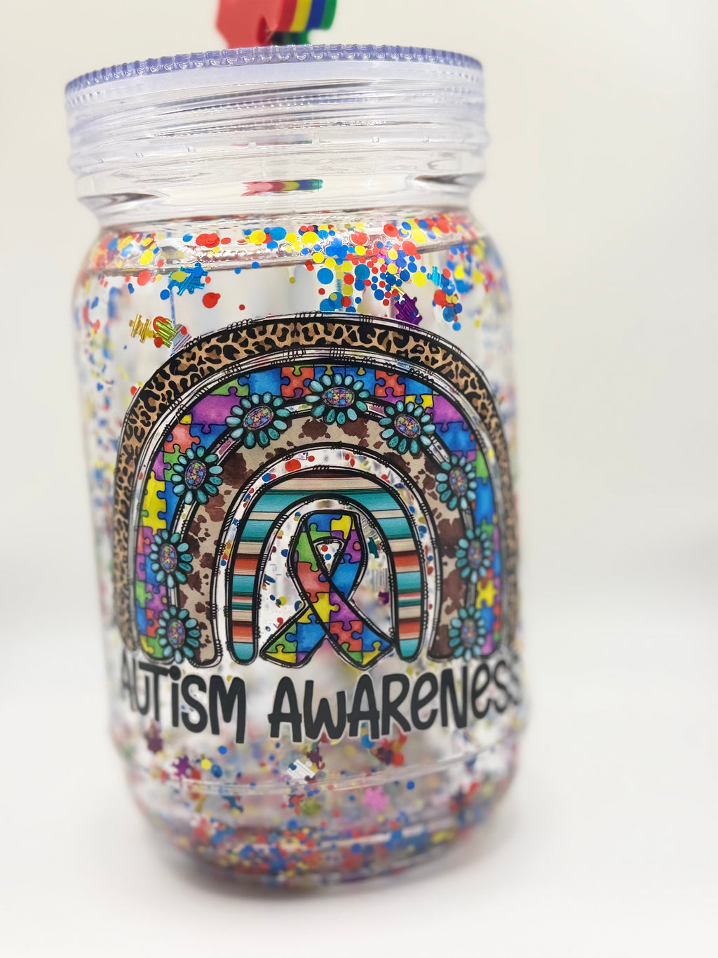 20 oz Autism Awareness Mason jar snow globe with puzzle piece straw topper