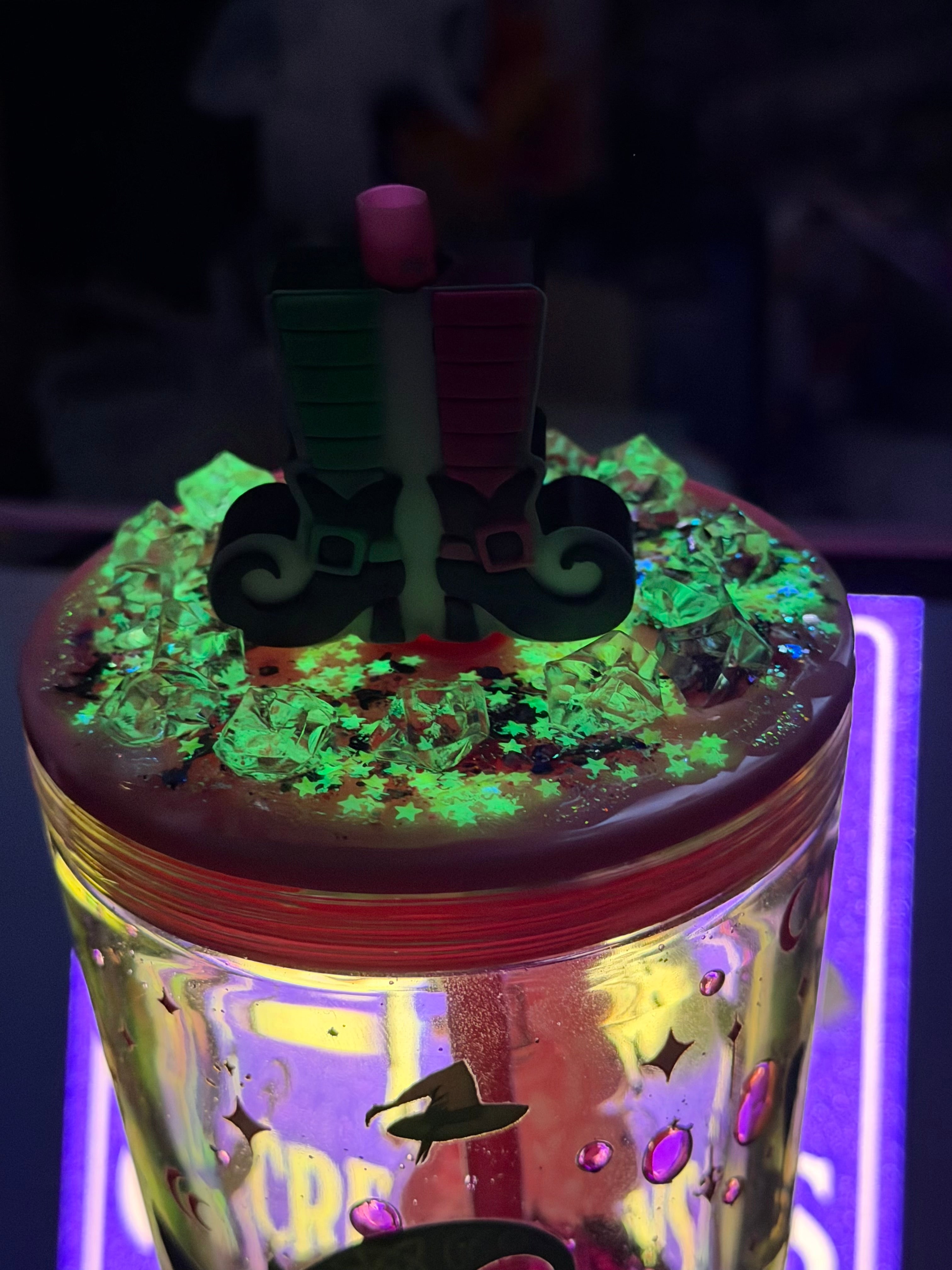 24 oz Wicked lava tumbler with witches feet straw topper