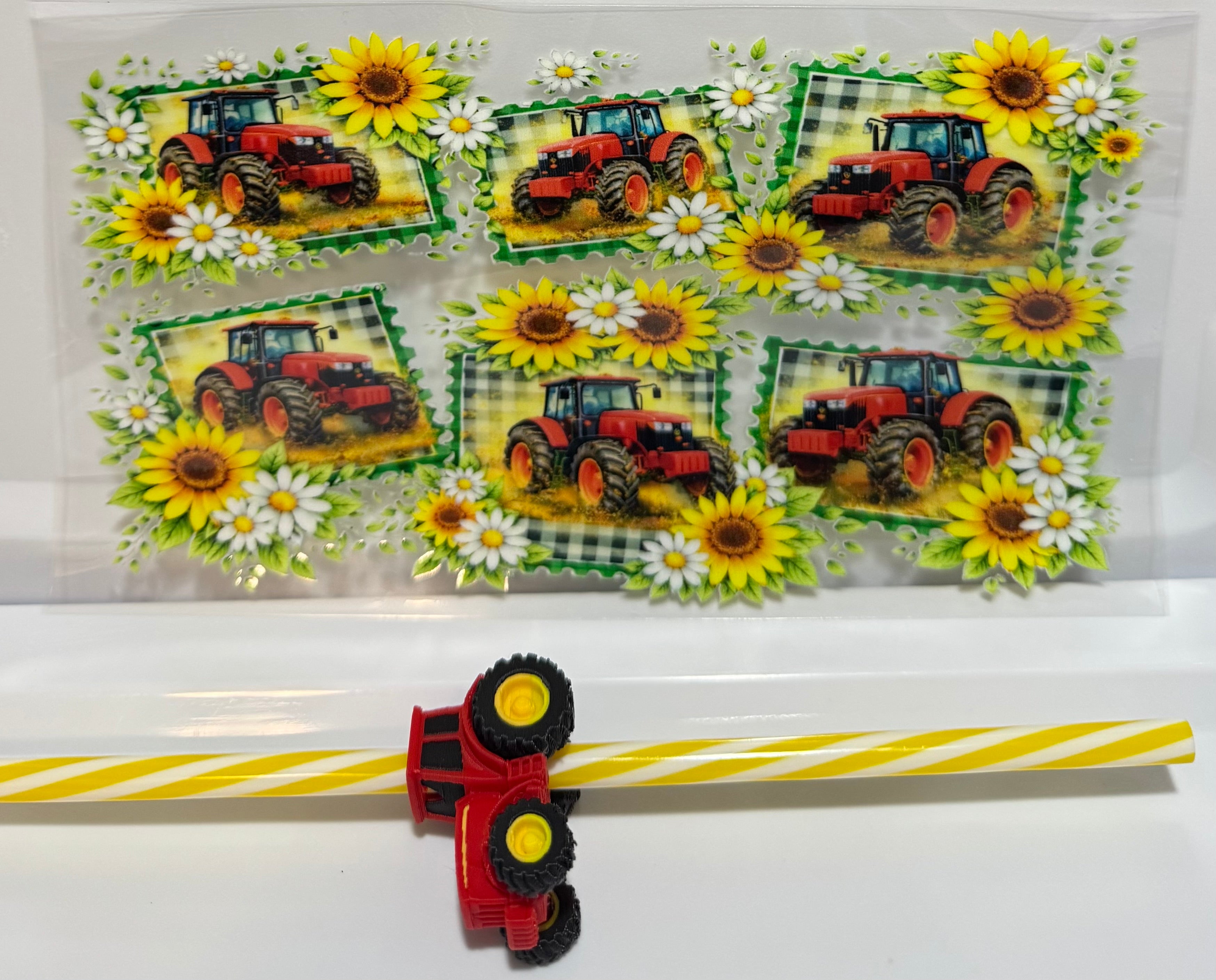 Red tractor with yellow daisy’s Wrap, Straw and Topper set
