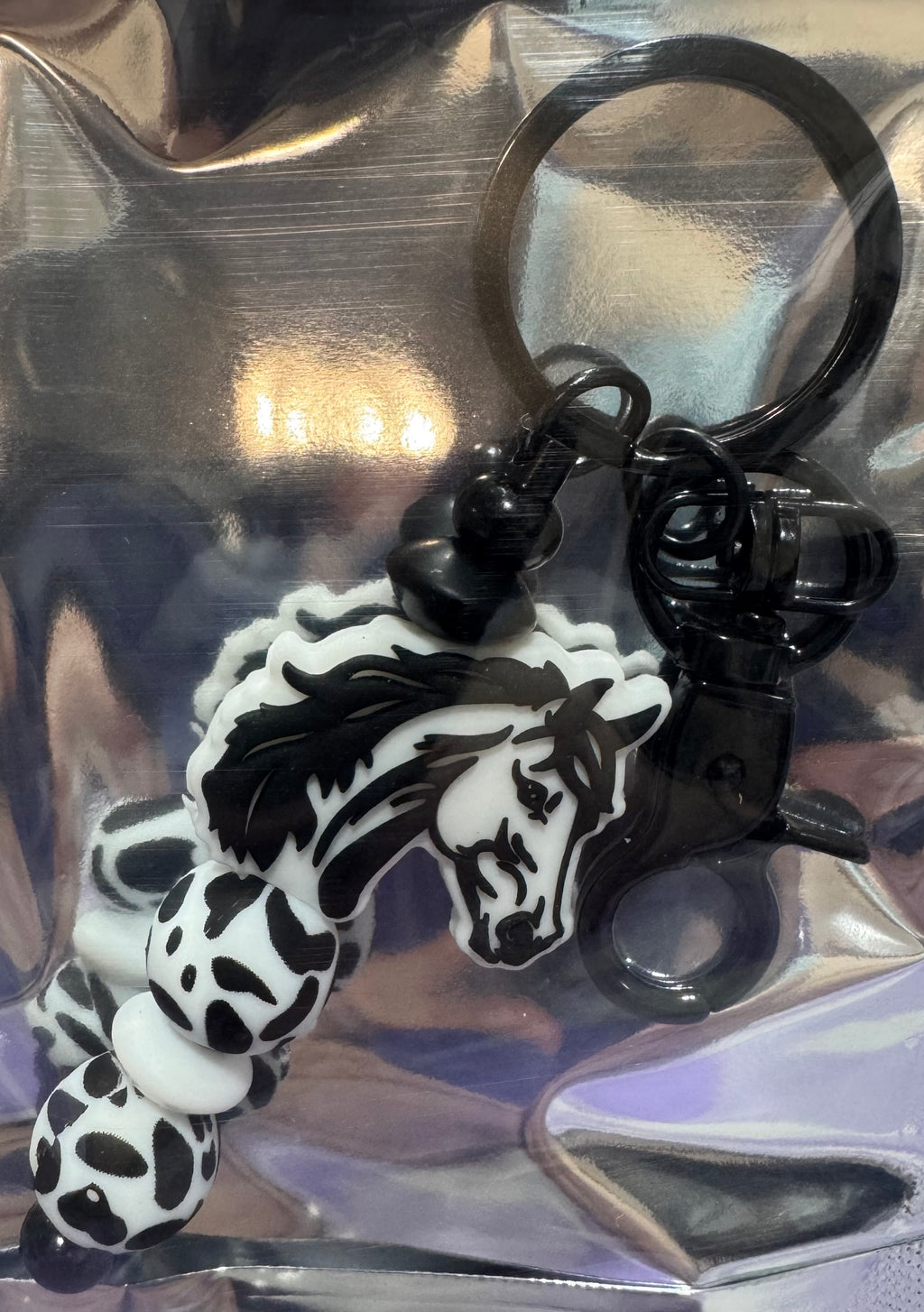 Black & white horse beaded keychain